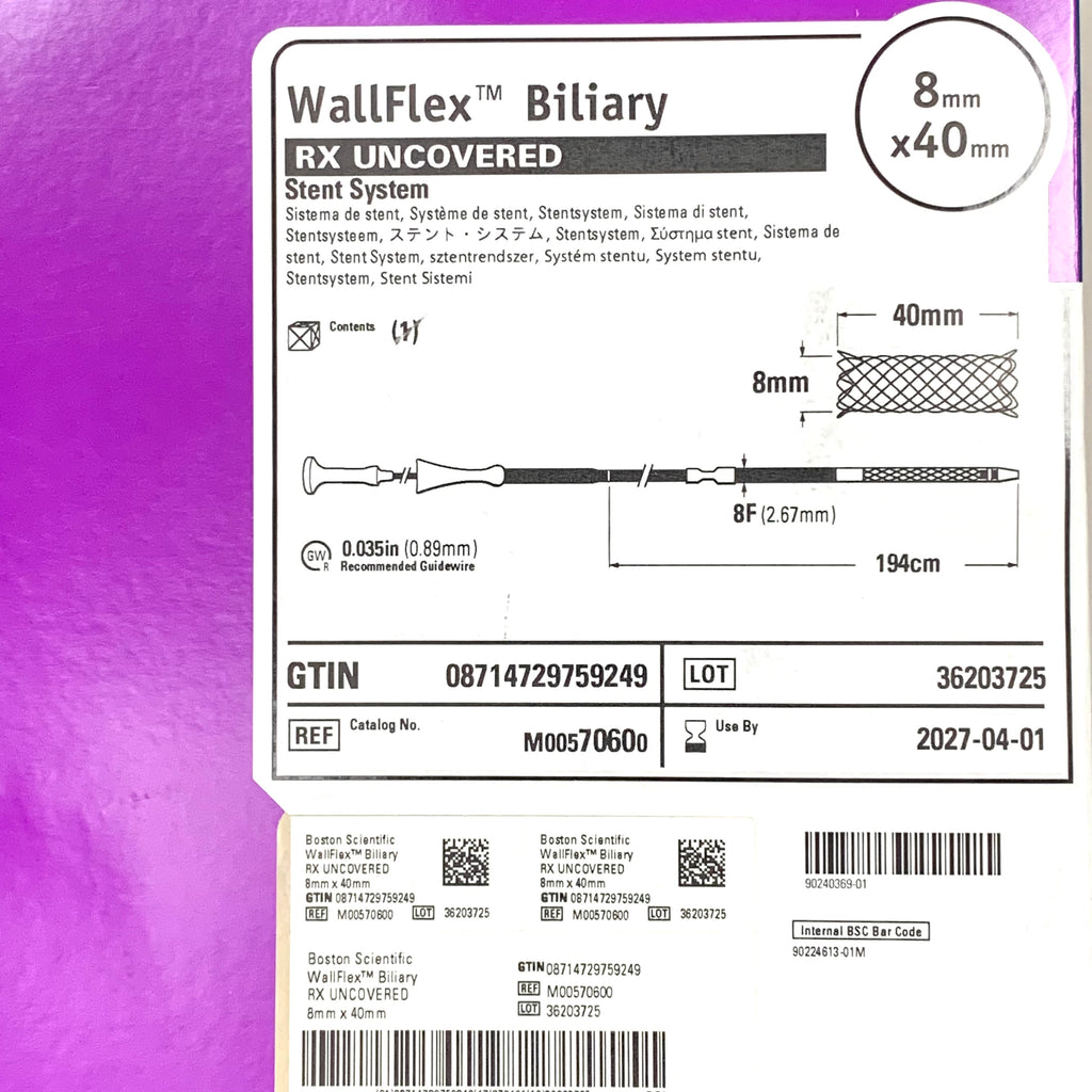 BOSTON SCIENTIFIC REF M00570600 WallFlex Biliary RX Uncovered Stent System 8mm x 40mm Exp.2027/04