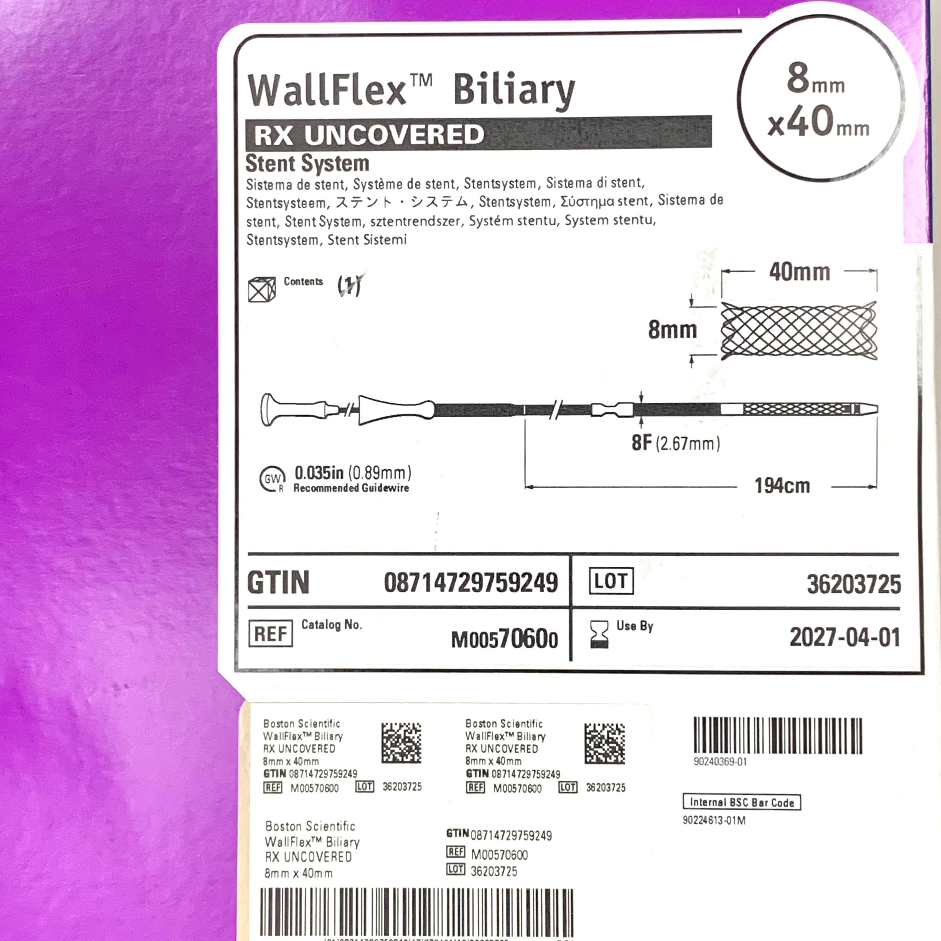 BOSTON SCIENTIFIC REF M00570600 WallFlex Biliary RX Uncovered Stent System 8mm x 40mm Exp.2027/04