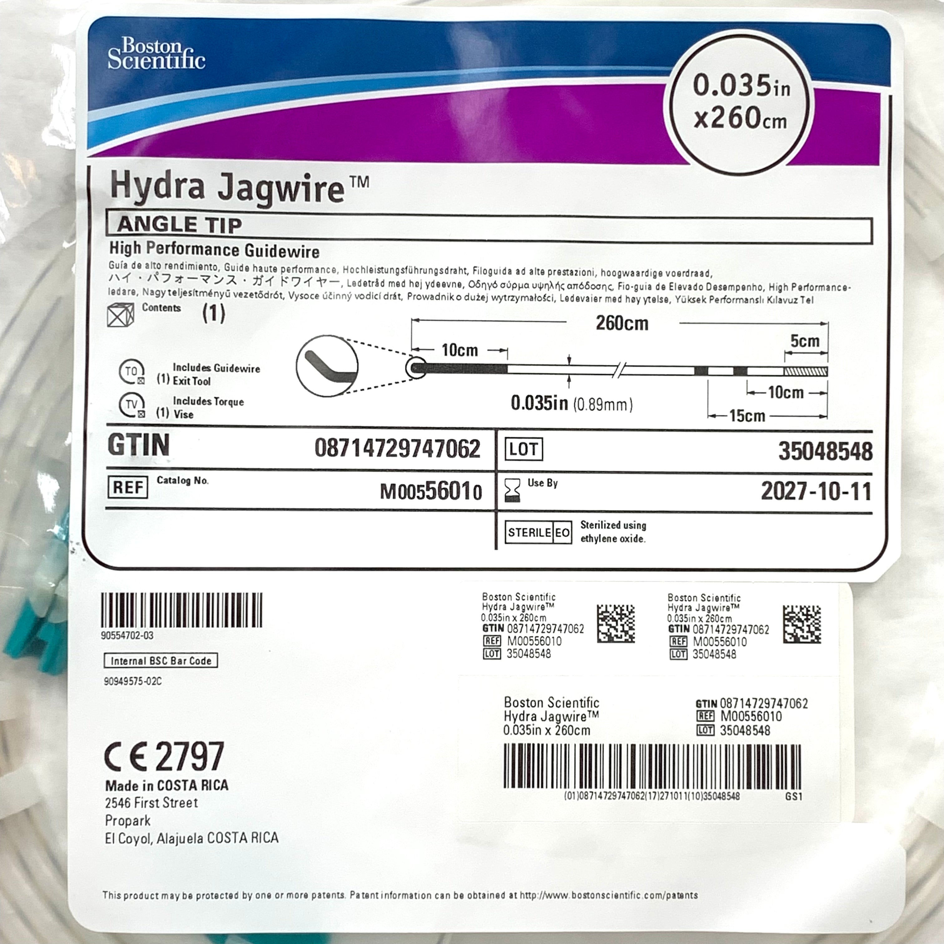BOSTON SCIENTIFIC REF M00556010 Hydra Jagwire High Performance Guidewire Angle Tip 0.035in x 260cm Exp.2027/10