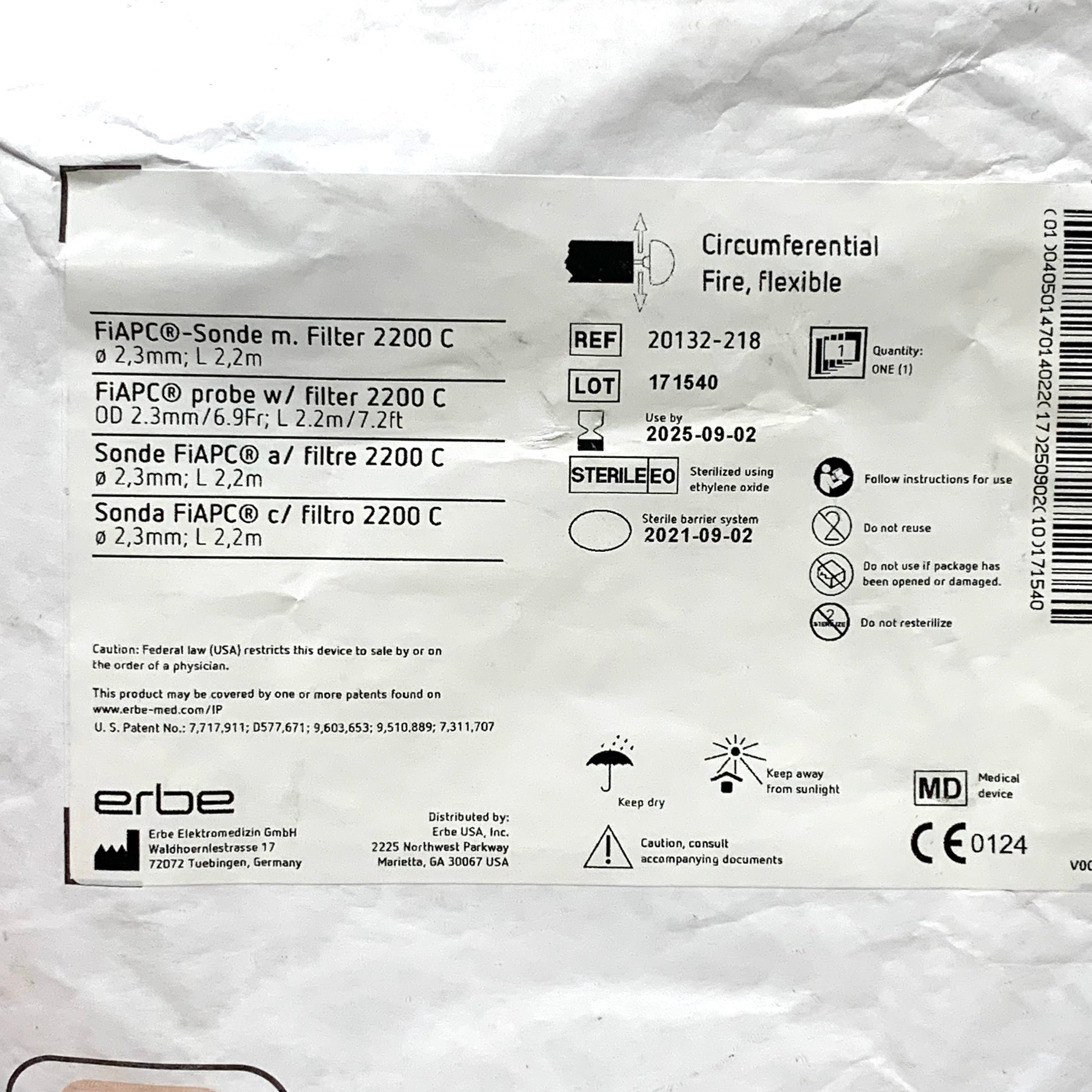 ERBE REF 20132-218 FiAPC Probe with Filter 2200 C Circumferential Fire Flexible OD 2.3mm L 2.2m Exp.2025/09