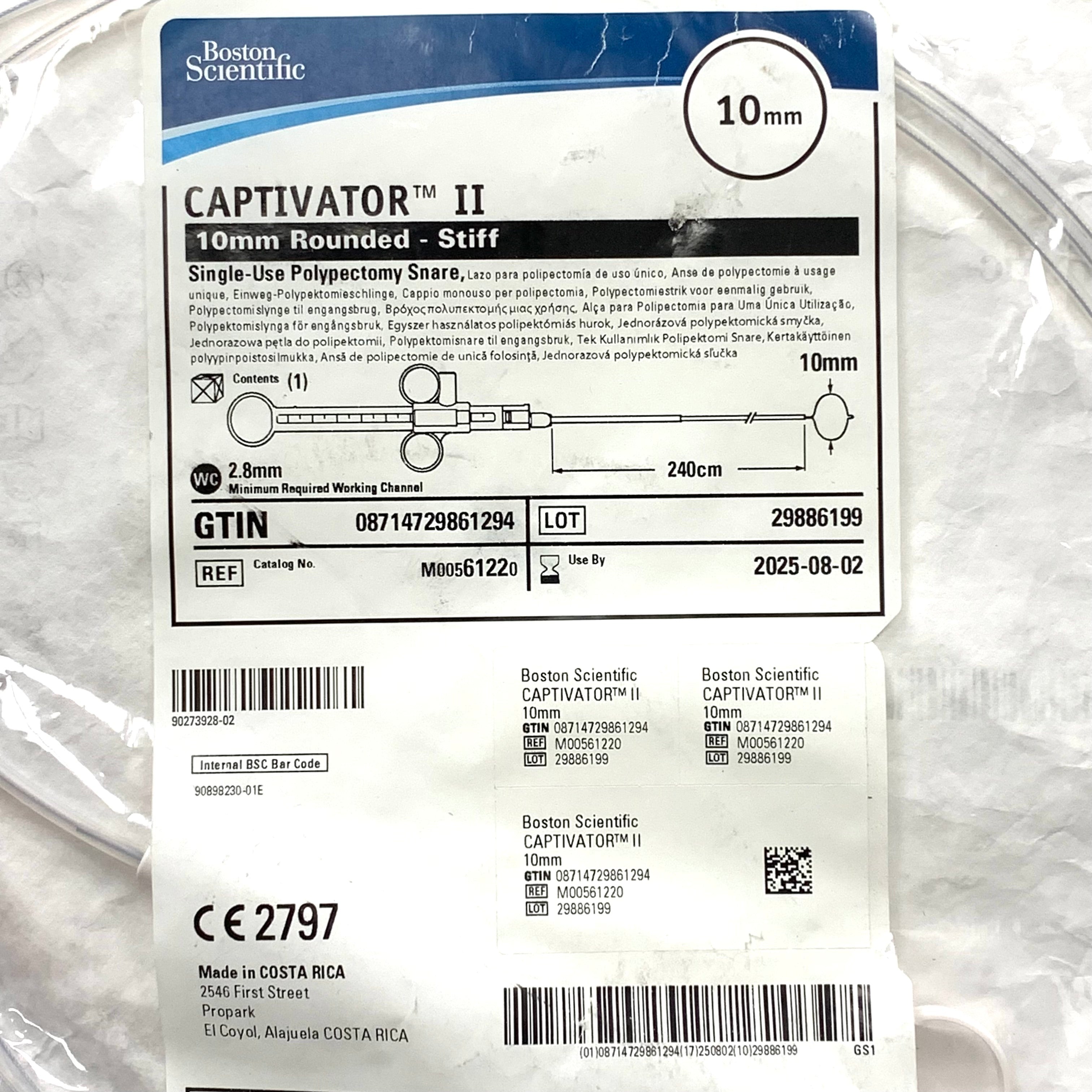 BOSTON SCIENTIFIC REF M00561220 Captivator II 10mm Rounded Stiff  Captivator II 10mm Rounded Stiff Single-Use Polypectomy Snare 240cm, Exp.2025/08