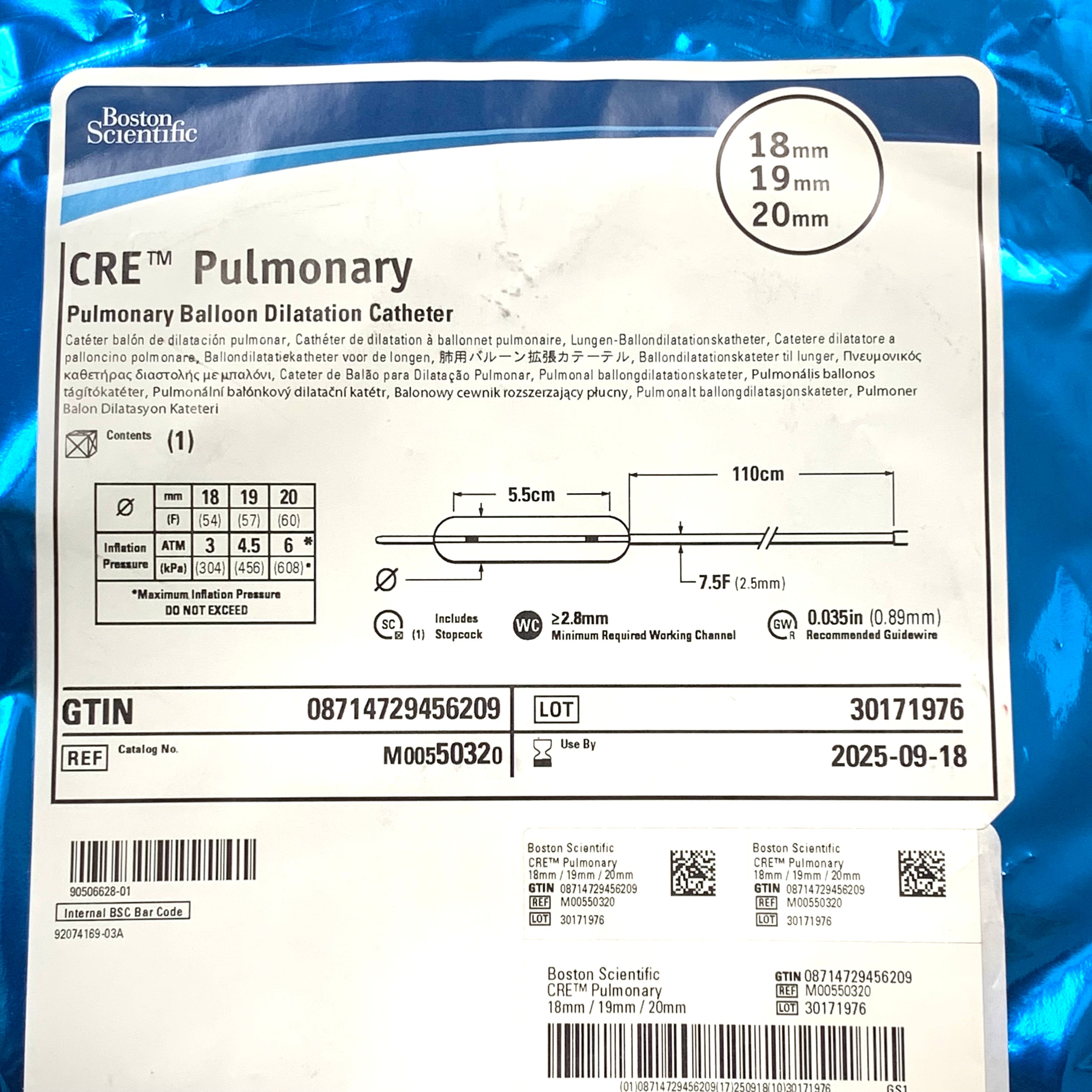 BOSTON SCIENTIFIC REF M00550320 CRE Pulmonary Balloon Dilatation Catheter 18mm - 19mm - 20mm x 5.5cm, 110cm Length Exp.2025/09