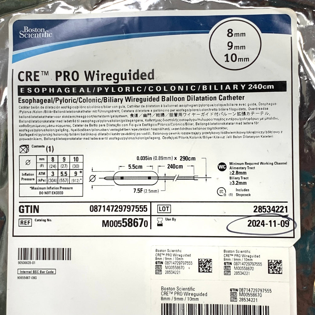 BOSTON SCIENTIFIC REF M00558670 CRE PRO Wireguided Esophageal Pyloric Colonic Biliary Balloon Dilatation Catheter 8mm-9mm-10mm x 240cm Exp.2024/11