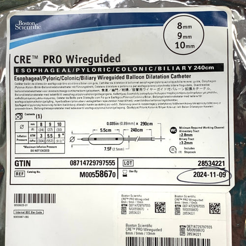 BOSTON SCIENTIFIC REF M00558670 CRE PRO Wireguided Esophageal Pyloric Colonic Biliary Balloon Dilatation Catheter 8mm-9mm-10mm x 240cm Exp.2024/11