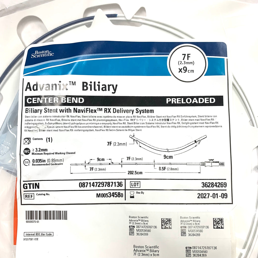 BOSTON SCIENTIFIC REF M00534580 Advanix Biliary Stent with NaviFlex RX Delivery System Center Bend Preloaded 7F 2.3mm x 9cm Exp.2027/01