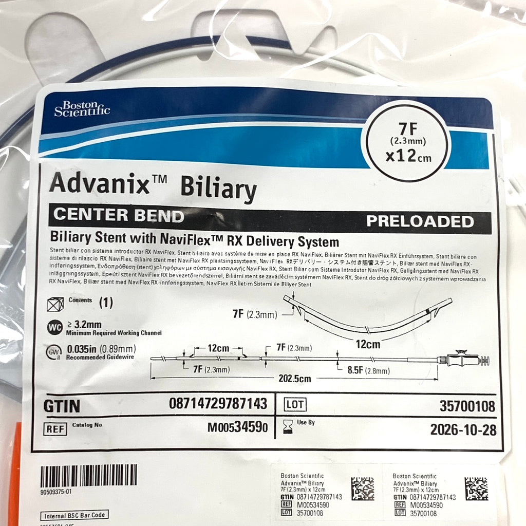 BOSTON SCIENTIFIC REF M00534590 Advanix Biliary Center Bend Preloaded Stent with NaviFlex RX Delivery System 7F x 12cm EXP.2026/10