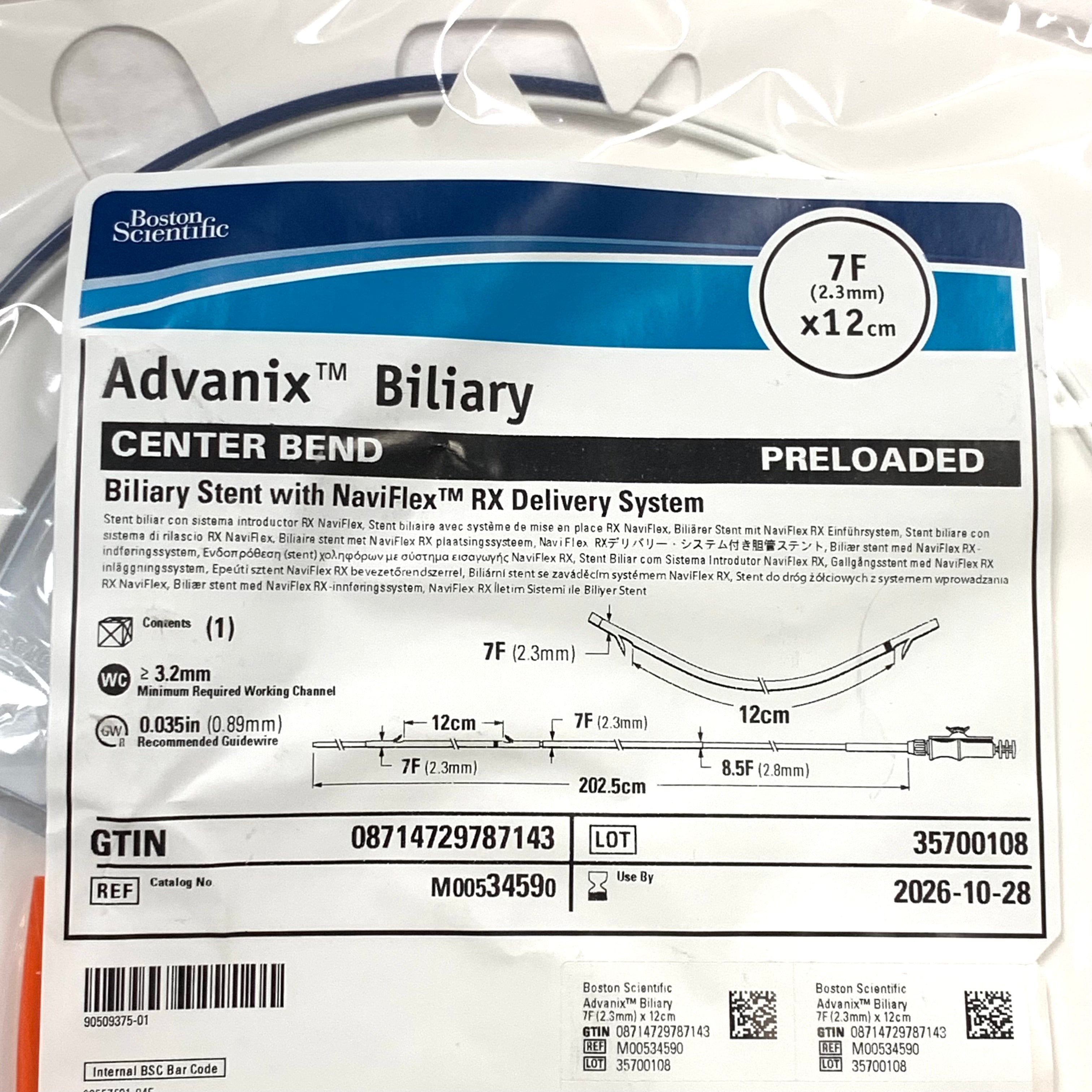 BOSTON SCIENTIFIC REF M00534590 Advanix Biliary Center Bend Preloaded Stent with NaviFlex RX Delivery System 7F x 12cm EXP.2026/10