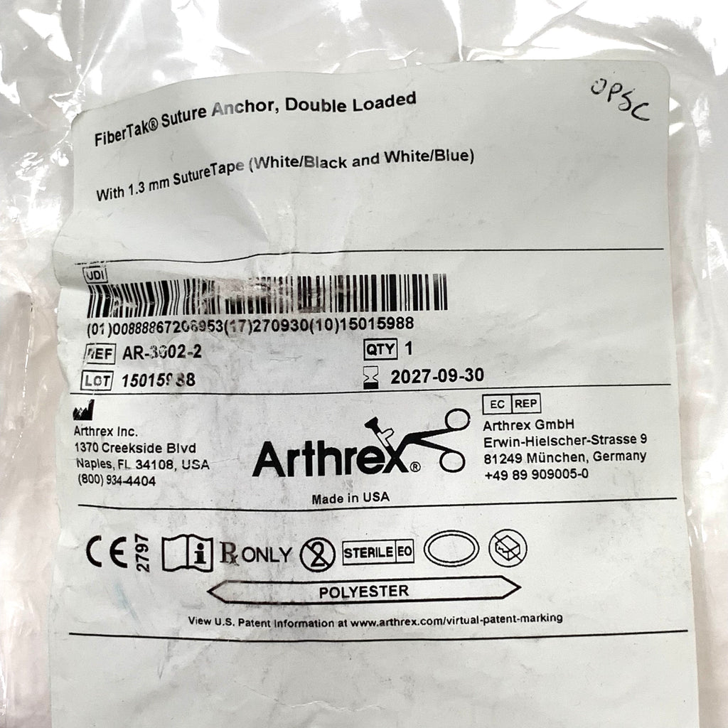 ARTHREX REF AR-3602-2 FiberTak Suture Anchor Double Loaded with 1.3 mm SutureTape White Black Blue, Exp.2027/09