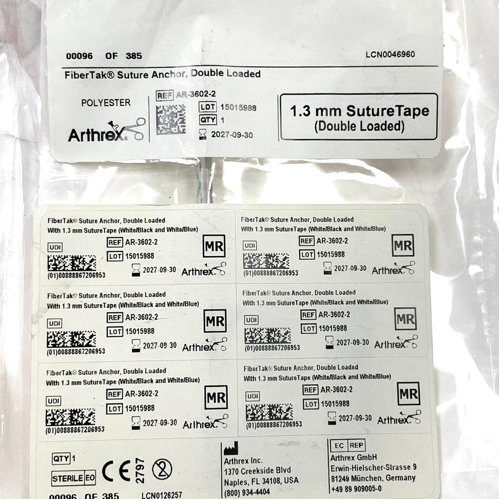 ARTHREX REF AR-3602-2 FiberTak Suture Anchor Double Loaded with 1.3 mm SutureTape White Black Blue, Exp.2027/09