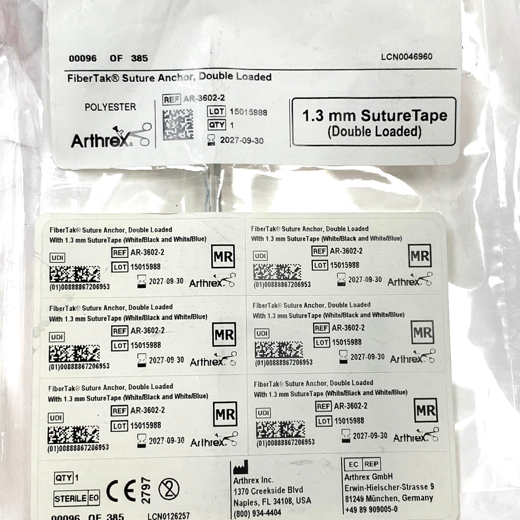 ARTHREX REF AR-3602-2 FiberTak Suture Anchor Double Loaded with 1.3 mm SutureTape White Black Blue, Exp.2027/09