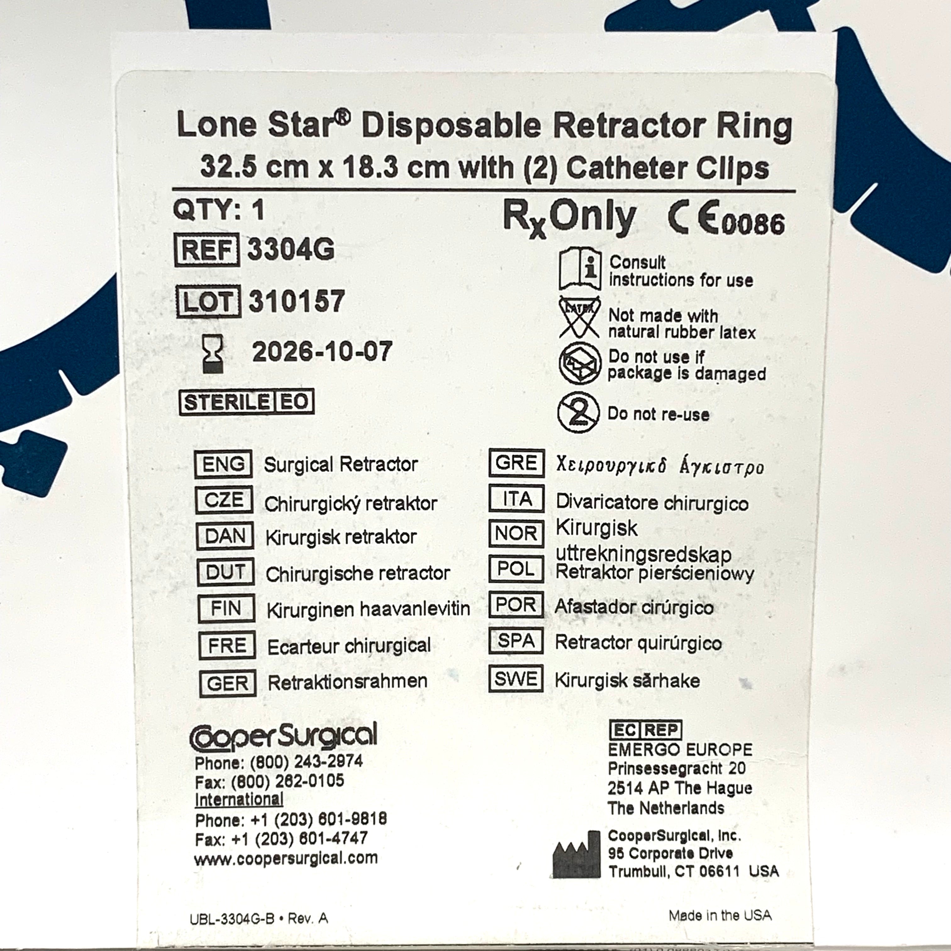 COOPER SURGICAL REF 3304G Lone Star Disposable Retractor Ring 32.5 cm x 18.3 cm with (2) Catheter Clips, Exp.2026/10