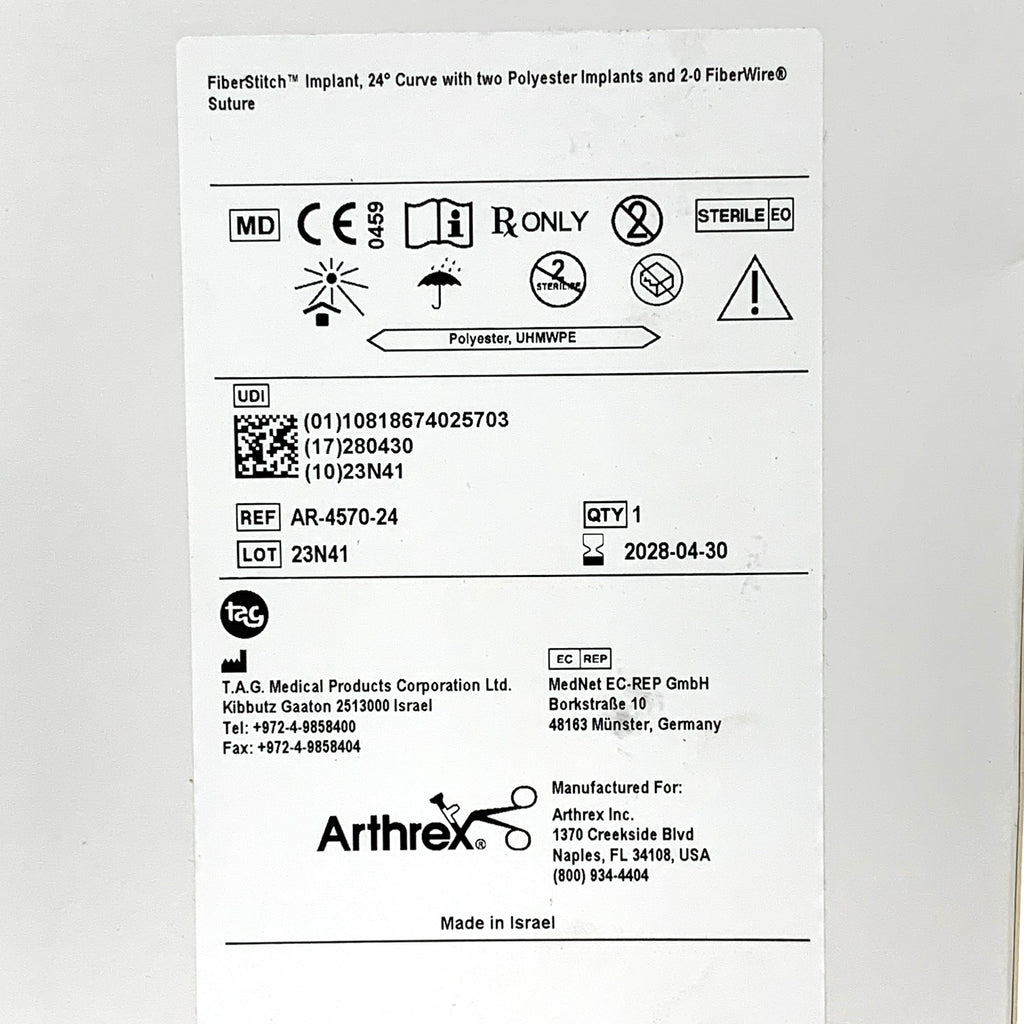 ARTHREX REF AR-4570-24 FiberStitch Implant, 24° Curve with Two Polyester Implants and 2-0 FiberWire Suture,  Exp.2028/04