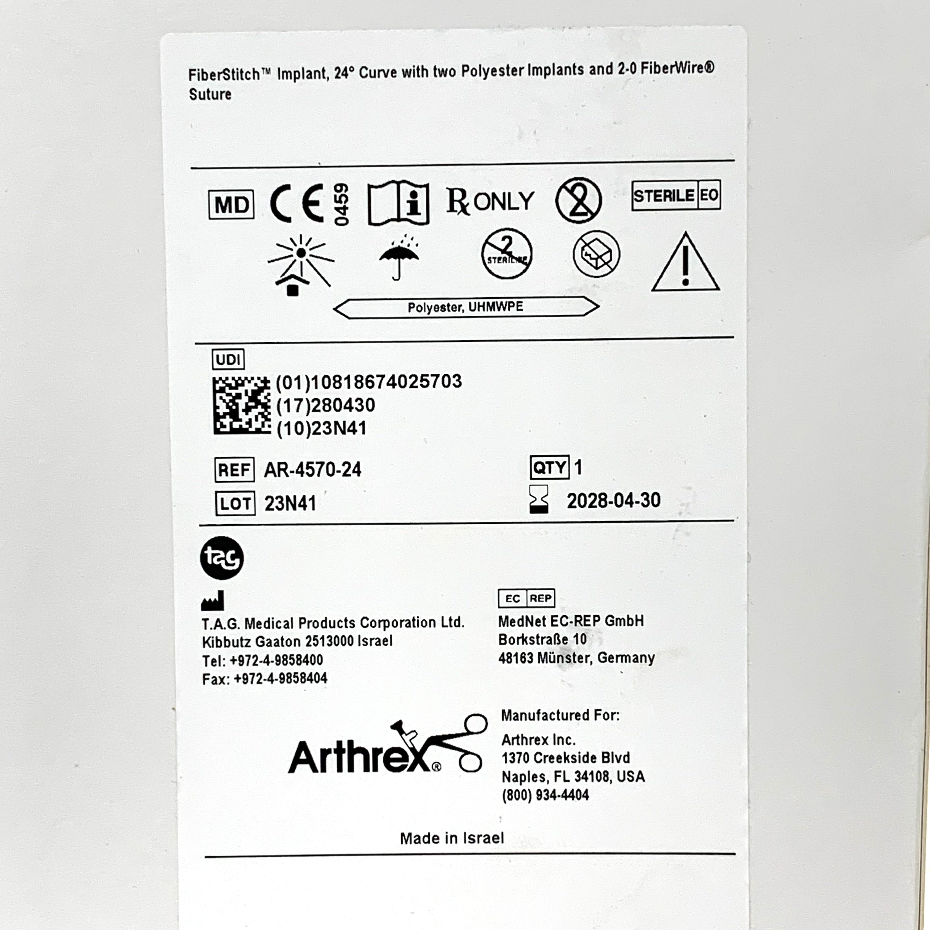 ARTHREX REF AR-4570-24 FiberStitch Implant, 24° Curve with Two Polyester Implants and 2-0 FiberWire Suture,  Exp.2028/04