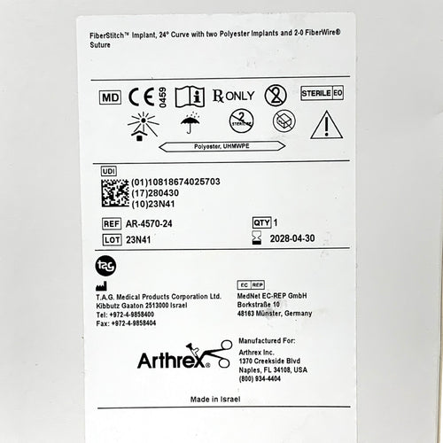 ARTHREX REF AR-4570-24 FiberStitch Implant, 24° Curve with Two Polyester Implants and 2-0 FiberWire Suture,  Exp.2028/04
