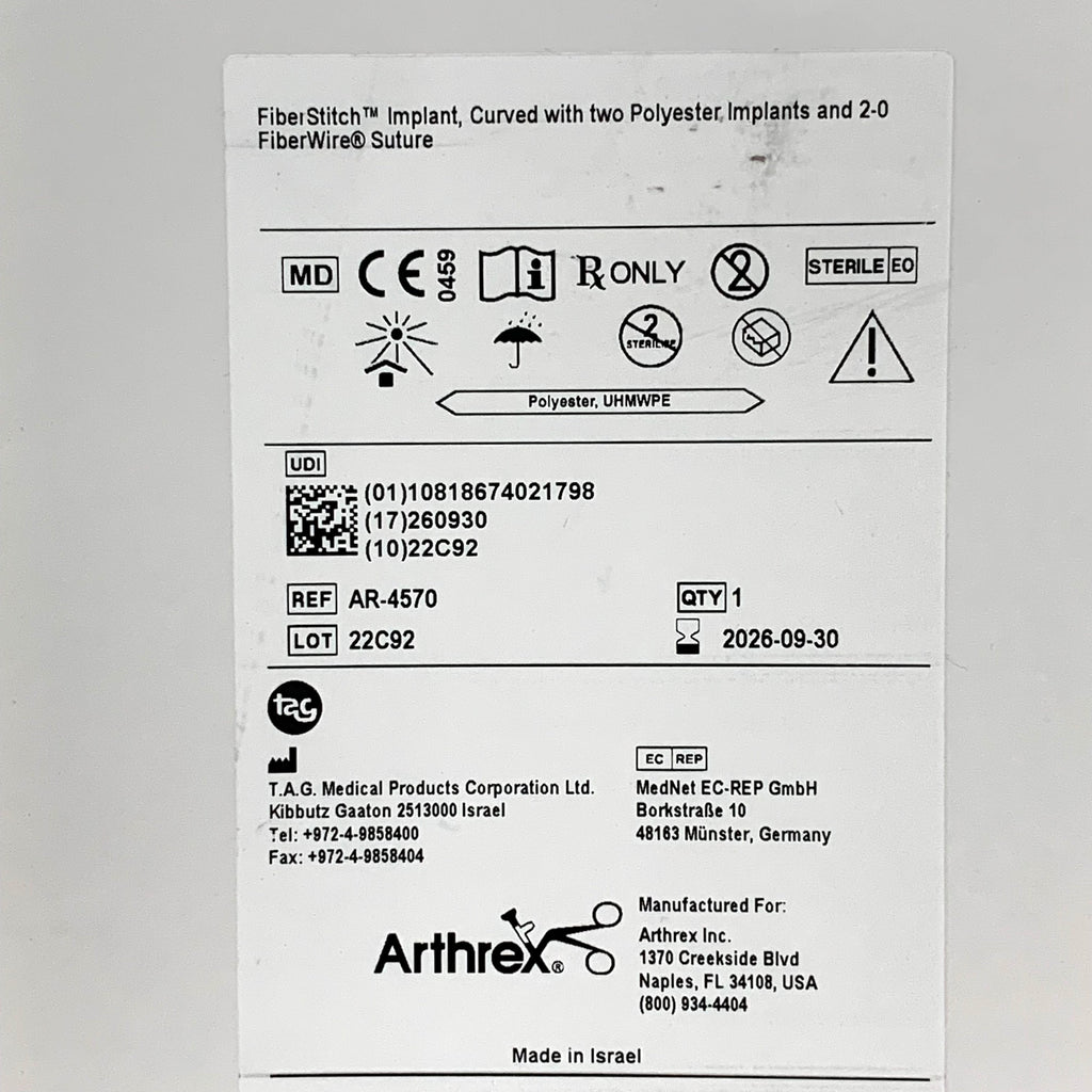 ARTHREX REF AR-4570 FiberStitch Implant, Curved with Two Polyester Implants and 2-0 FiberWire Suture, Exp.2026/09
