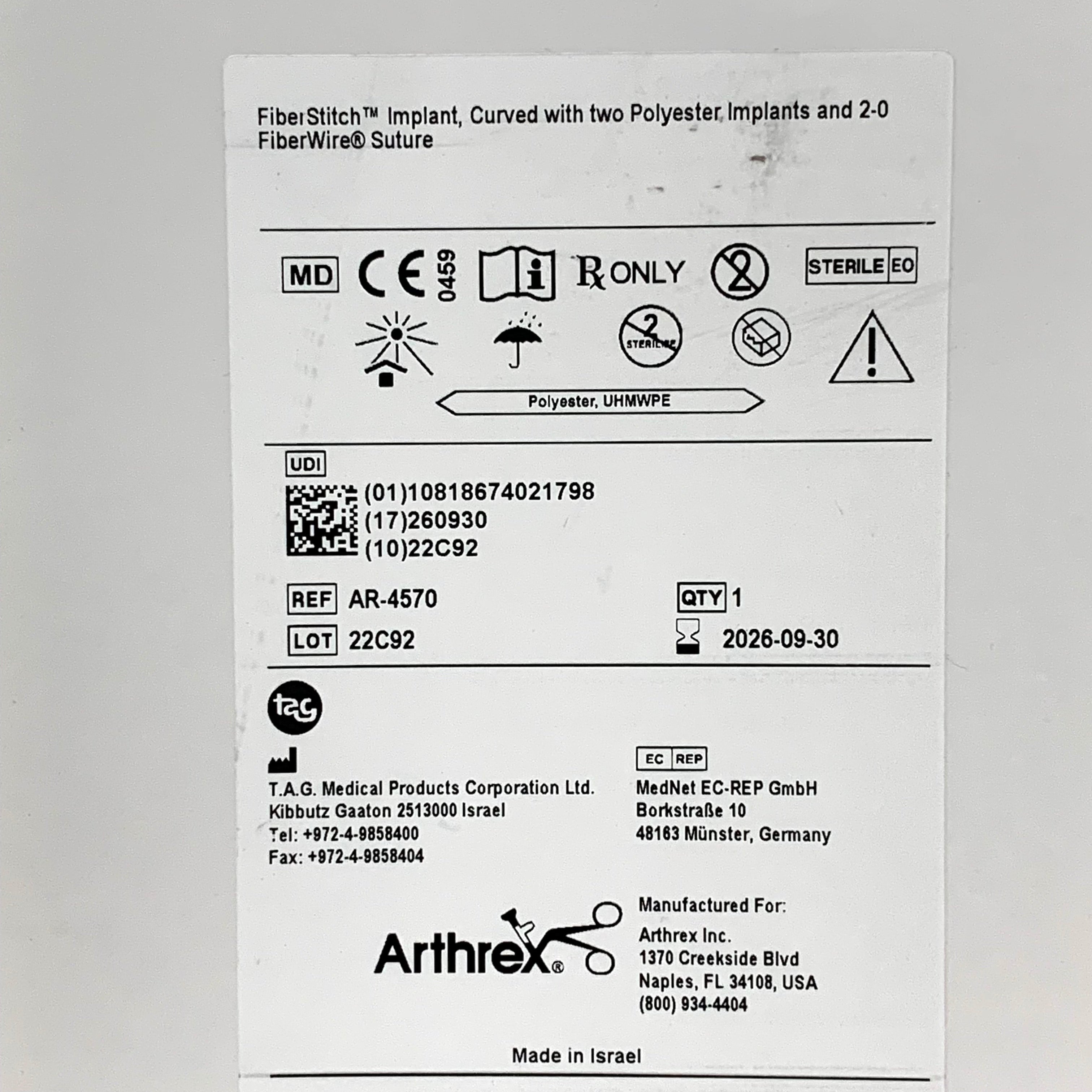 ARTHREX REF AR-4570 FiberStitch Implant, Curved with Two Polyester Implants and 2-0 FiberWire Suture, Exp.2026/09