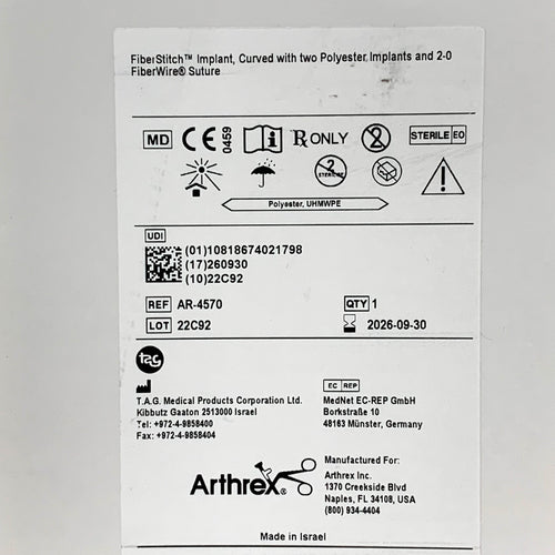 ARTHREX REF AR-4570 FiberStitch Implant, Curved with Two Polyester Implants and 2-0 FiberWire Suture, Exp.2026/09