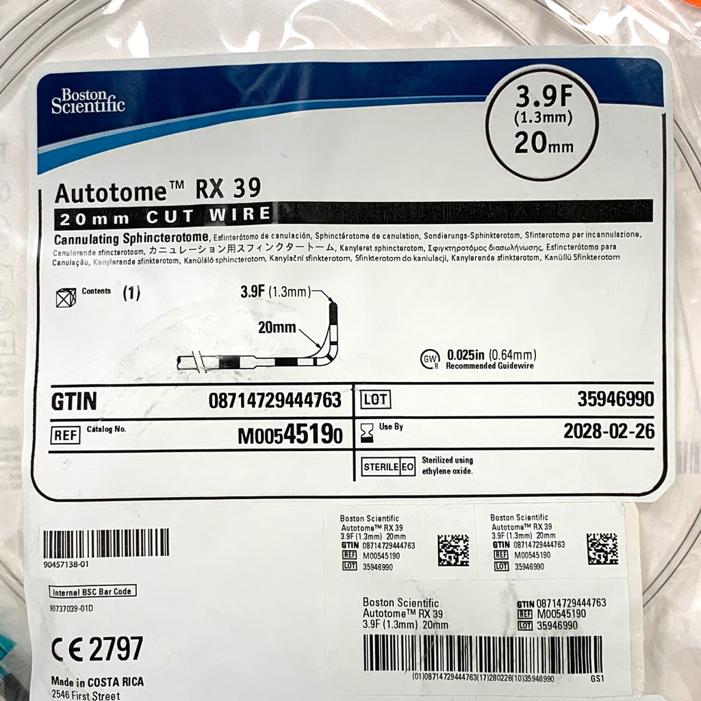 BOSTON SCIENTIFIC REF M00545190 Autotome RX 39 Cannulating Sphincterotome 20mm Cut Wire 3.9F (1.3mm), Exp.2028/02