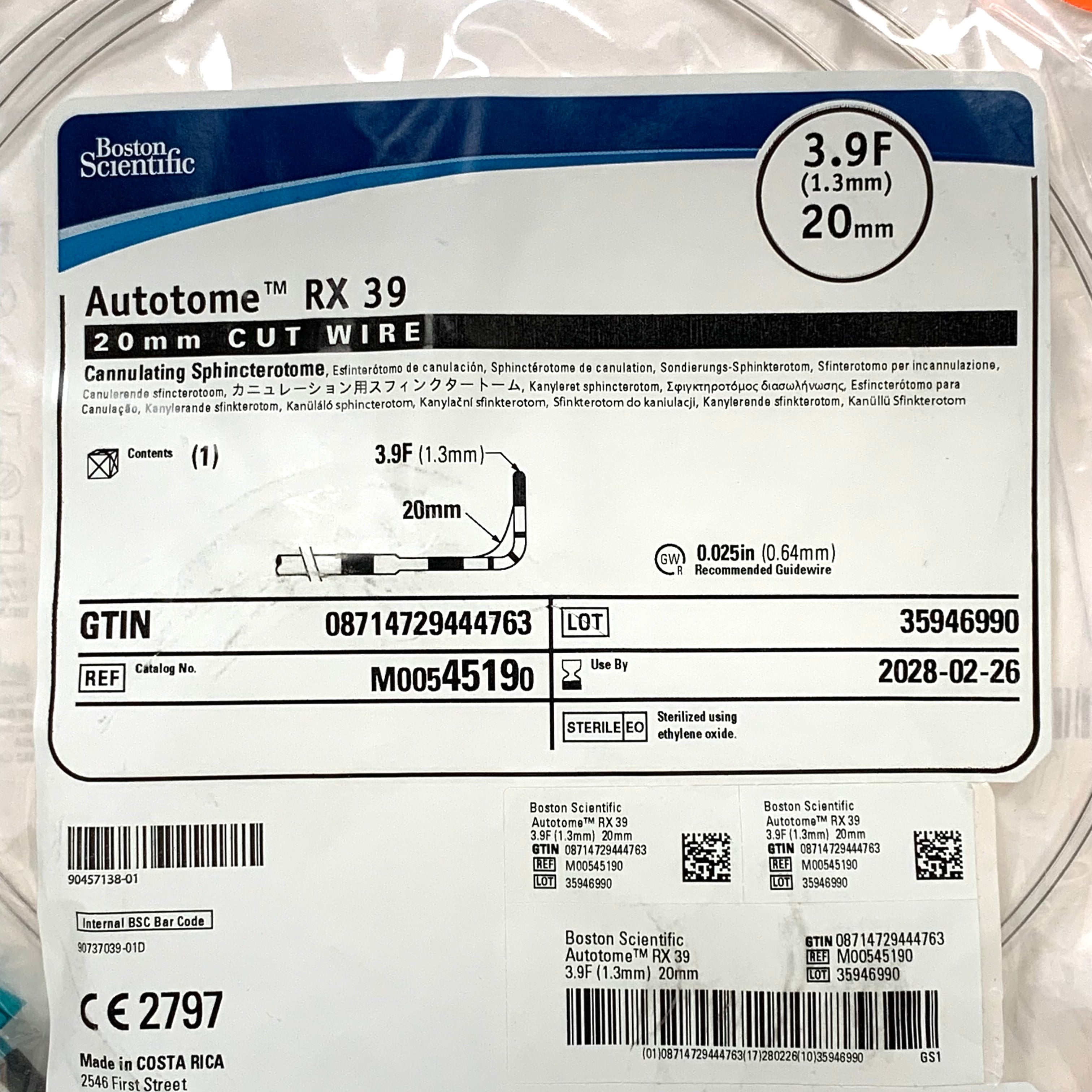 BOSTON SCIENTIFIC REF M00545190 Autotome RX 39 Cannulating Sphincterotome 20mm Cut Wire 3.9F (1.3mm), Exp.2028/02