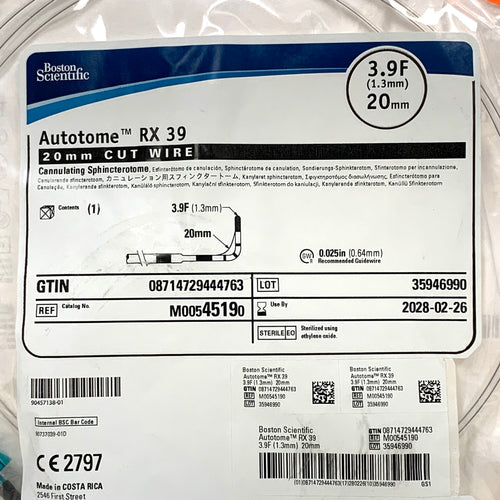 BOSTON SCIENTIFIC REF M00545190 Autotome RX 39 Cannulating Sphincterotome 20mm Cut Wire 3.9F (1.3mm), Exp.2028/02