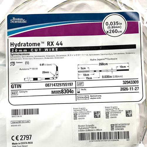 BOSTON SCIENTIFIC REF M00583040 Hydratome RX 44 Sphincterotome 20mm Cut Wire 4.4F x 260cm, Exp.2026/11