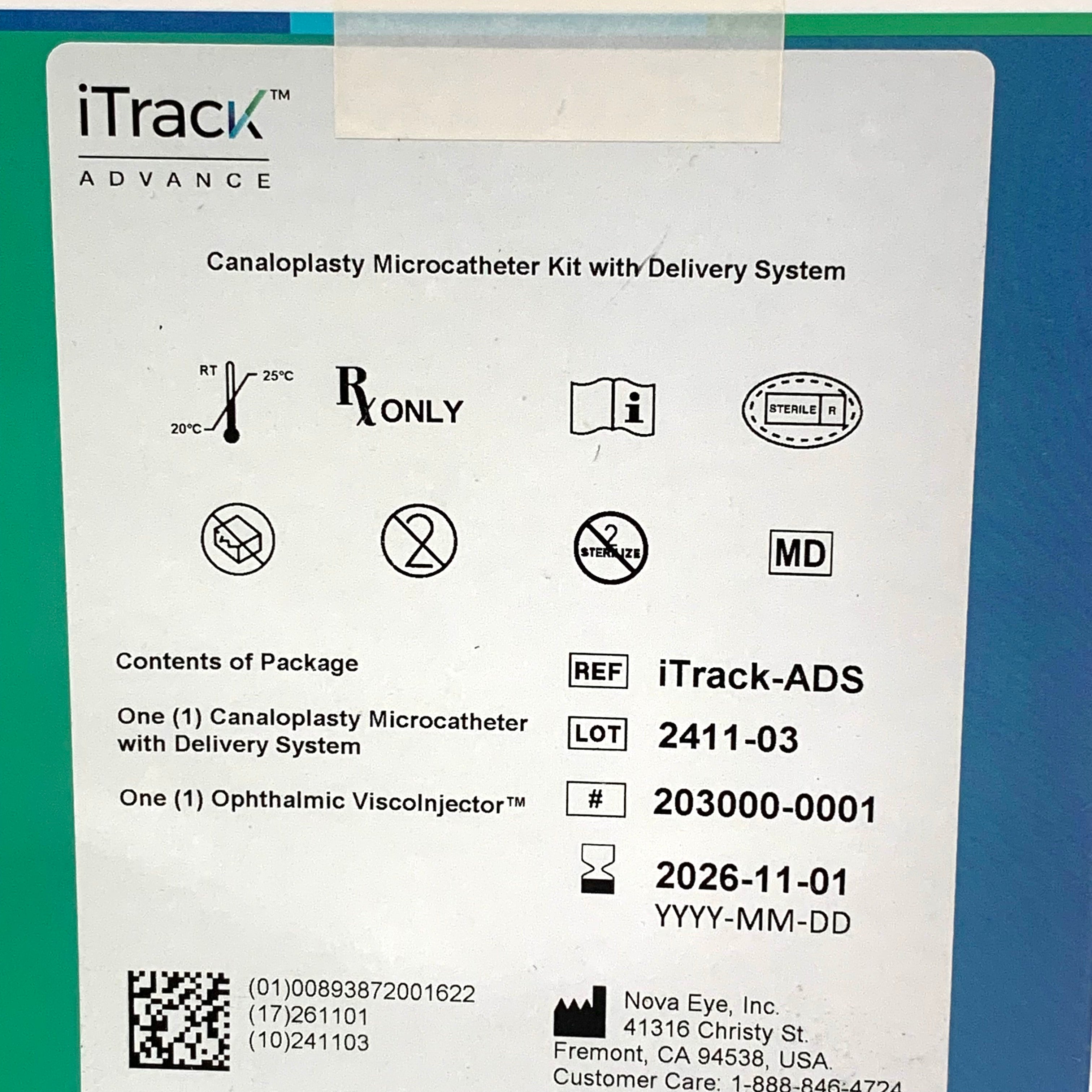 NOVA EYE REF iTrack-ADS iTrack Advance Canaloplasty Microcatheter Kit with Delivery System, Exp.2026/11