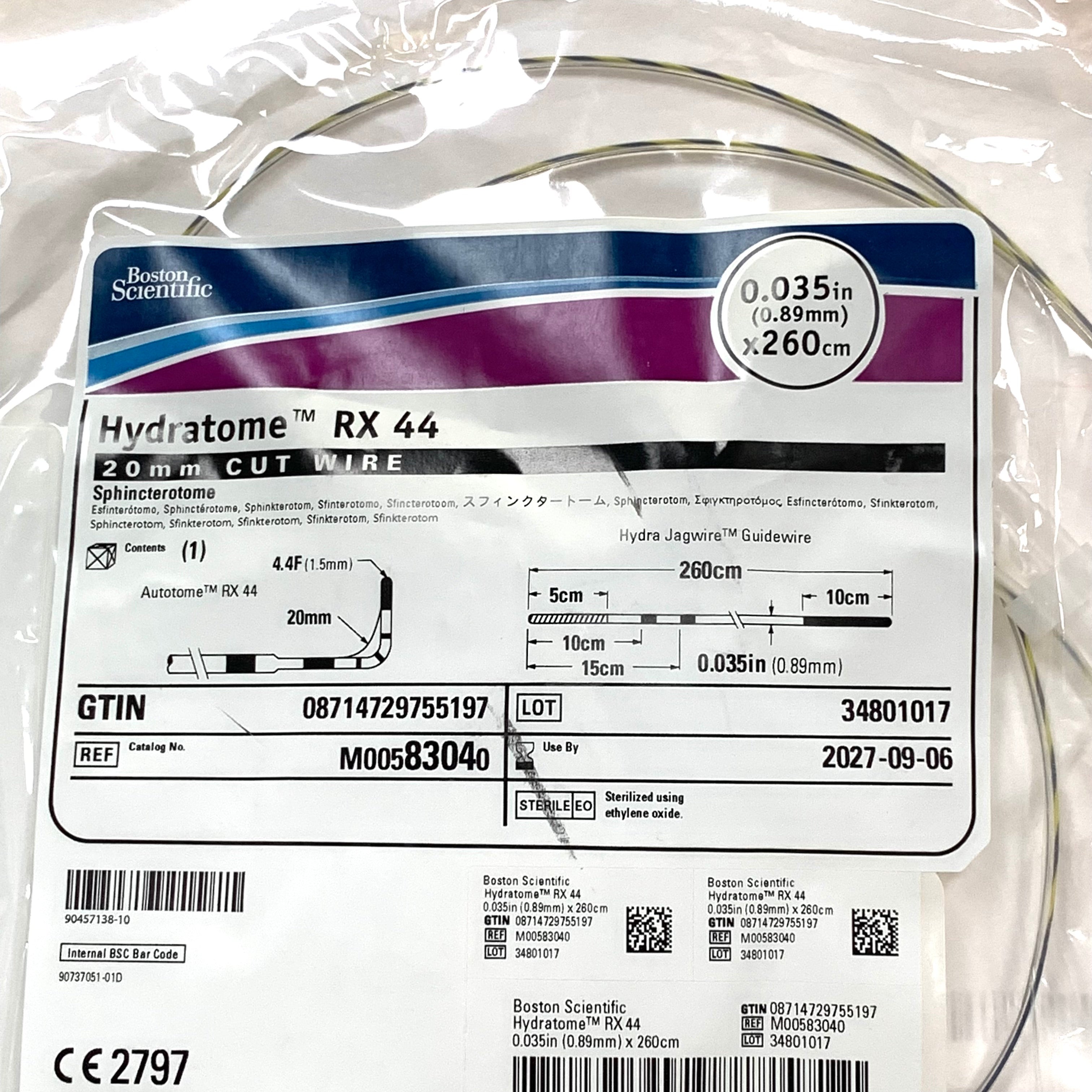 BOSTON SCIENTIFIC REF M00583040 Hydratome RX 44 Sphincterotome 20mm Cut Wire with Hydra Jagwire Guidewire 0.035in x 260cm, Exp.2027/09