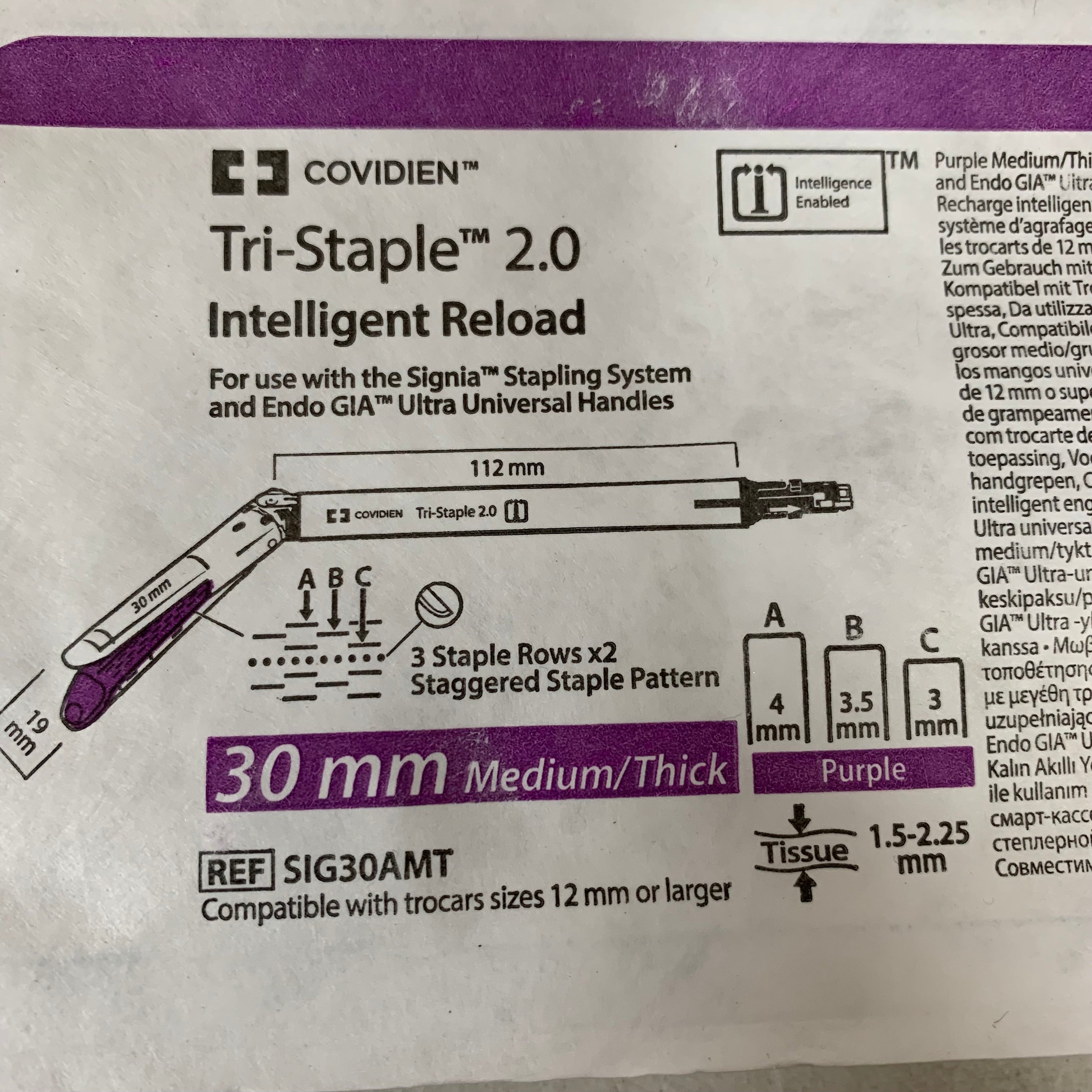 COVIDIEN REF SIG30AMT Tri-Staple 2.0 Intelligent Reload 30mm Medium/Thick Purple Exp.2029/03
