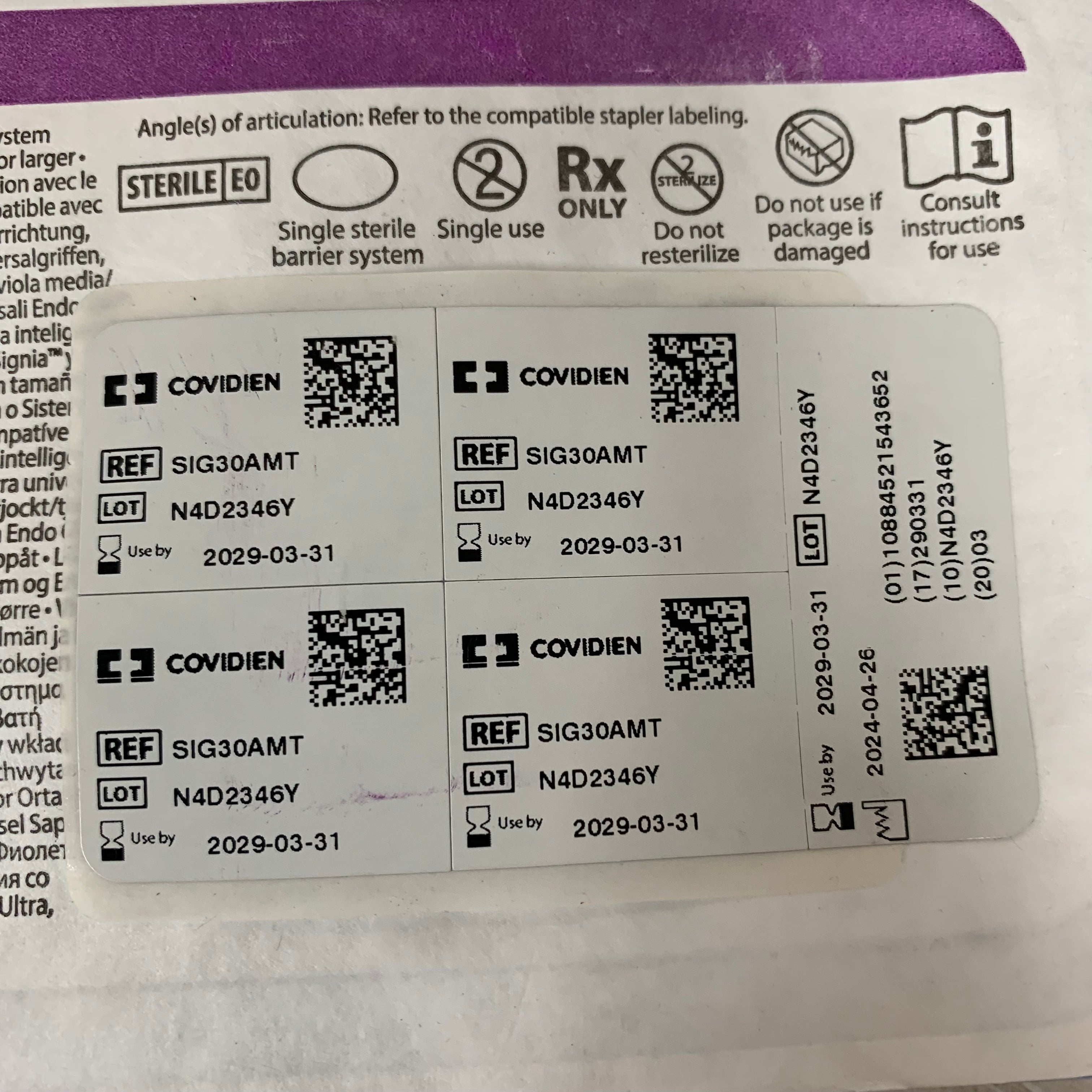 COVIDIEN REF SIG30AMT Tri-Staple 2.0 Intelligent Reload 30mm Medium/Thick Purple Exp.2029/03