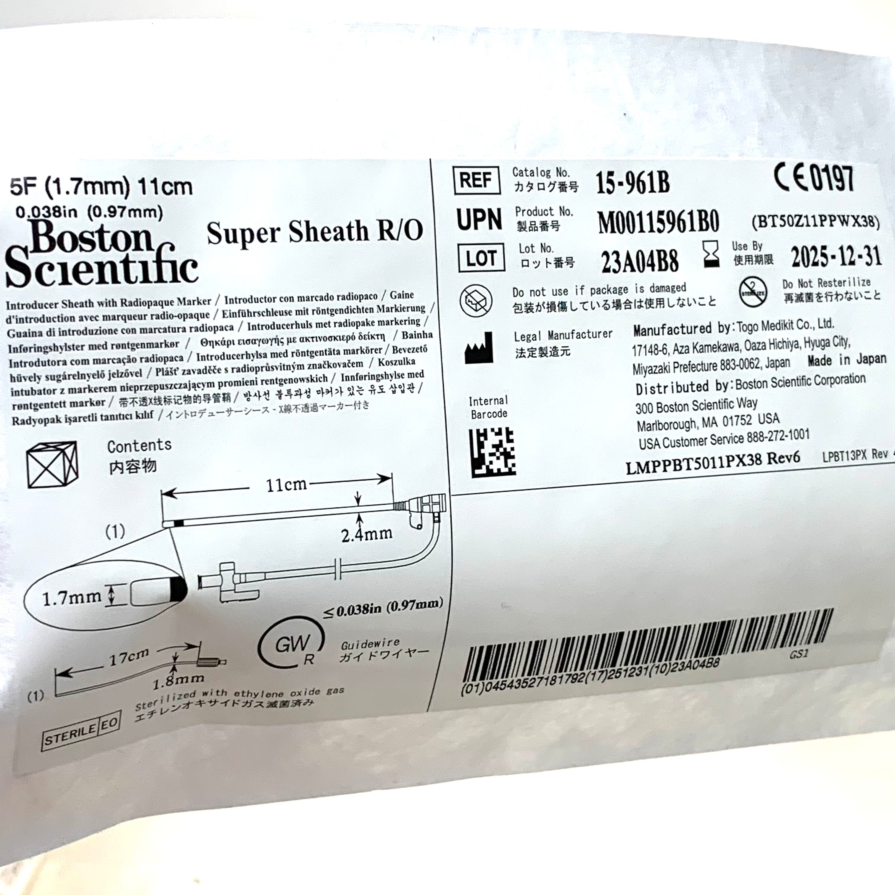 BOSTON SCIENTIFIC REF 15-961B Super Sheath R/O 5F 1.7mm 11cm Introducer Sheath Exp.2025/12