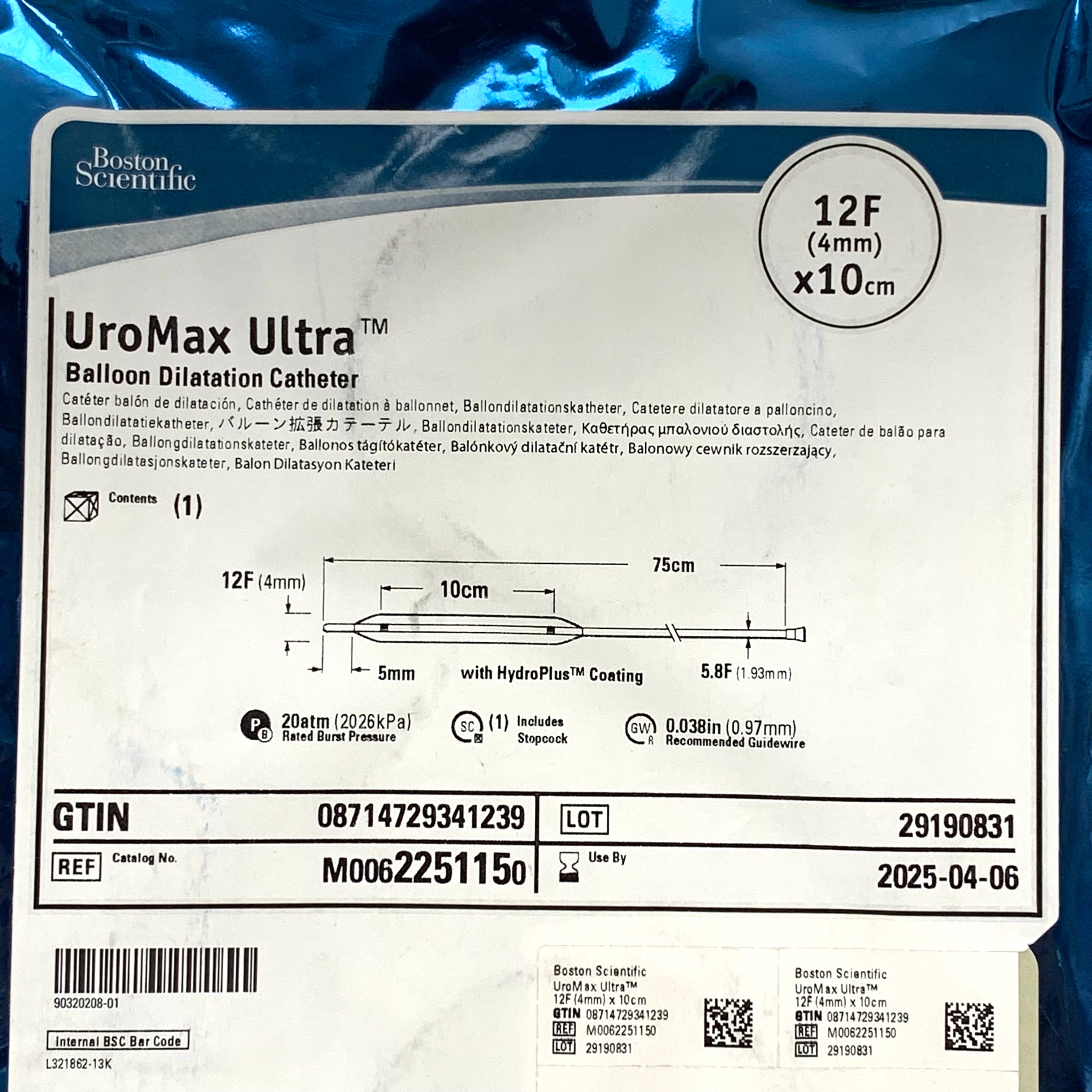 BOSTON SCIENTIFIC REF M0062251150 UroMax Ultra Balloon Dilatation Catheter 12F (4mm) x 10cm Exp.2025/04