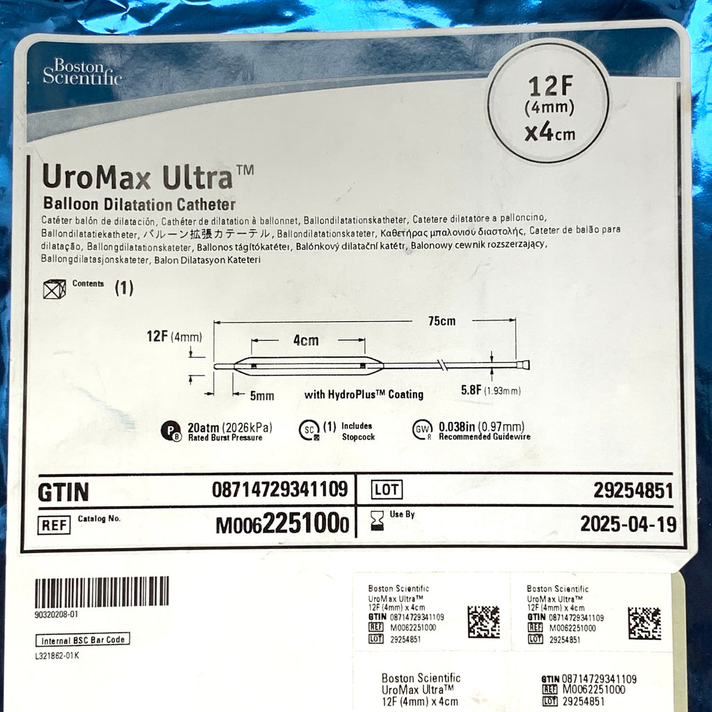 BOSTON SCIENTIFIC REF M0062251000 UroMax Ultra Balloon Dilatation Catheter 12F 4mm x 4cm Exp.2025/04