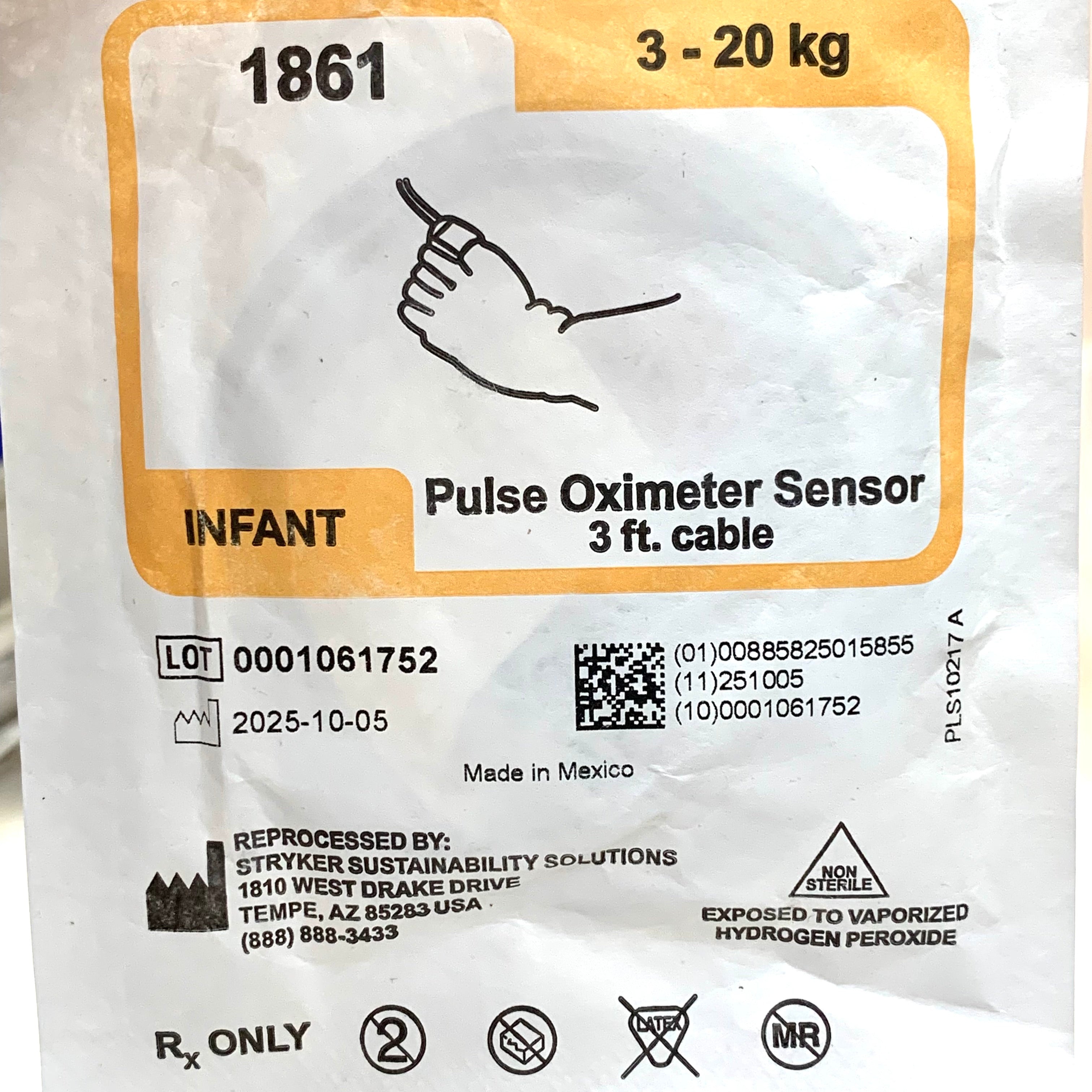 STRYKER REF 1861 Infant Pulse Oximeter Sensor 3 ft. Cable 3-20 kg Exp. 2025/10