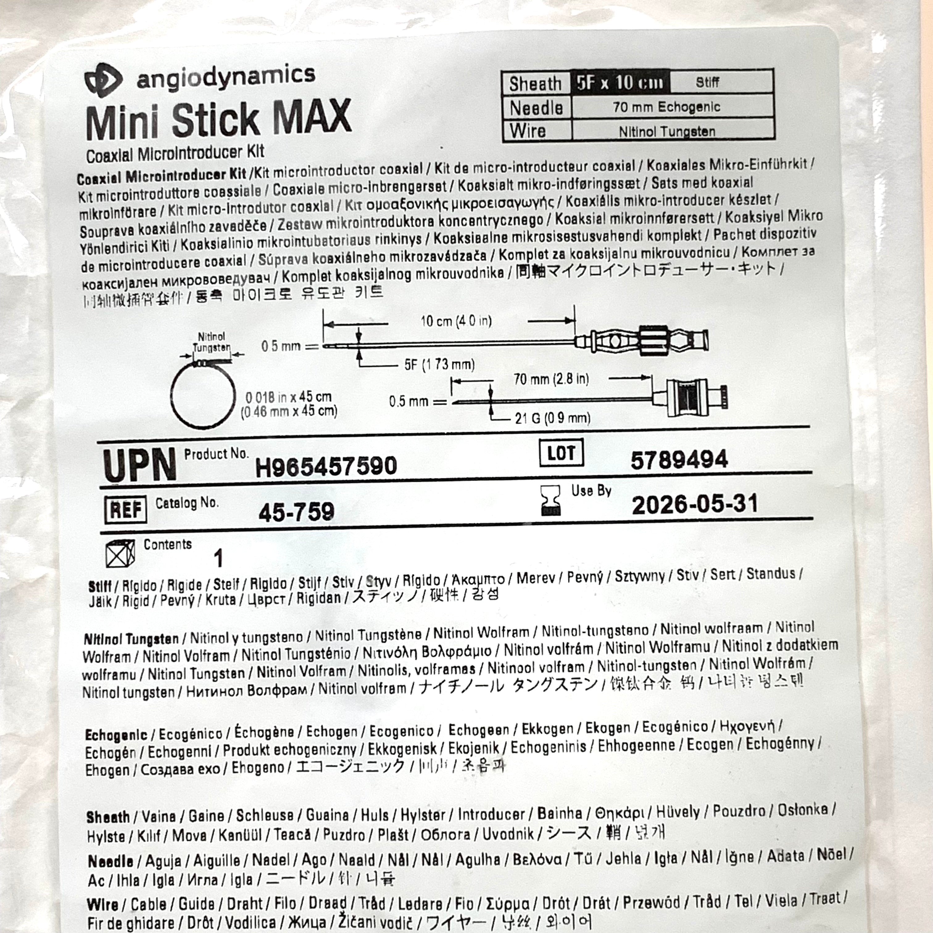 ANGIO DYNAMICS REF 45-759 Mini Stick MAX Coaxial Microintroducer Kit Exp.2026/05