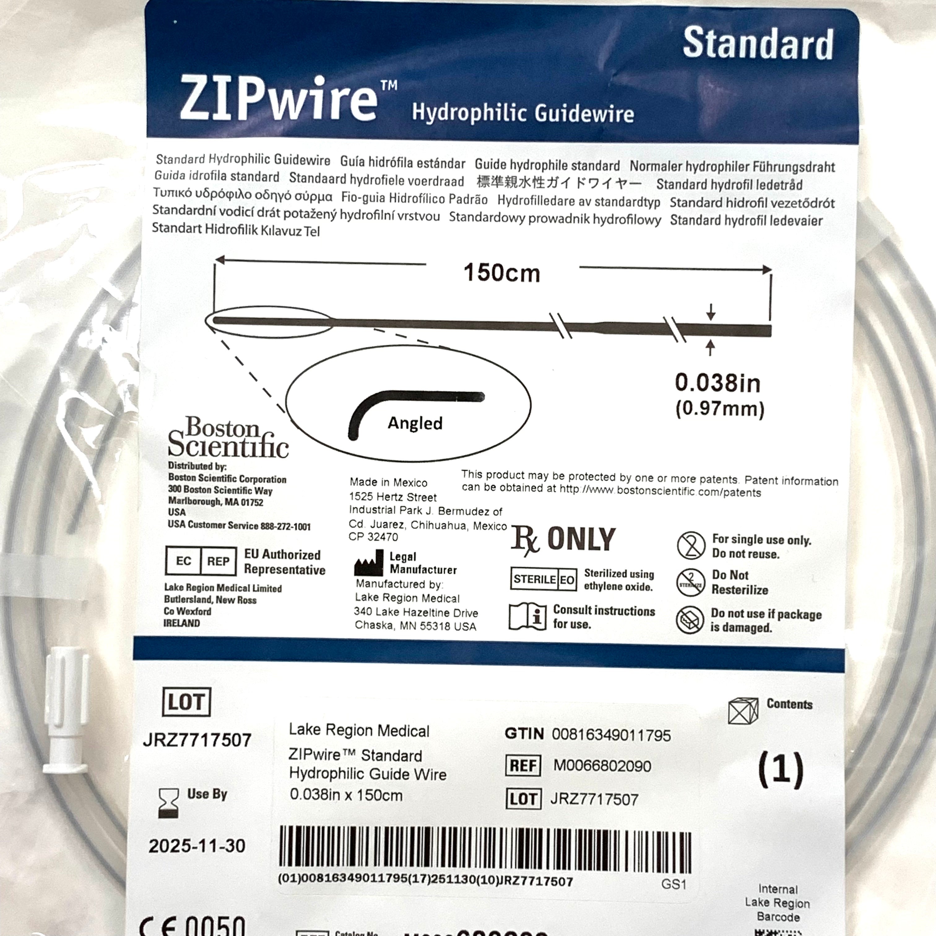 BOSTON SCIENTIFIC REF M0066802090 ZIPwire Standard Hydrophilic Guidewire 0.038in x 150cm Angled Exp.2025/11