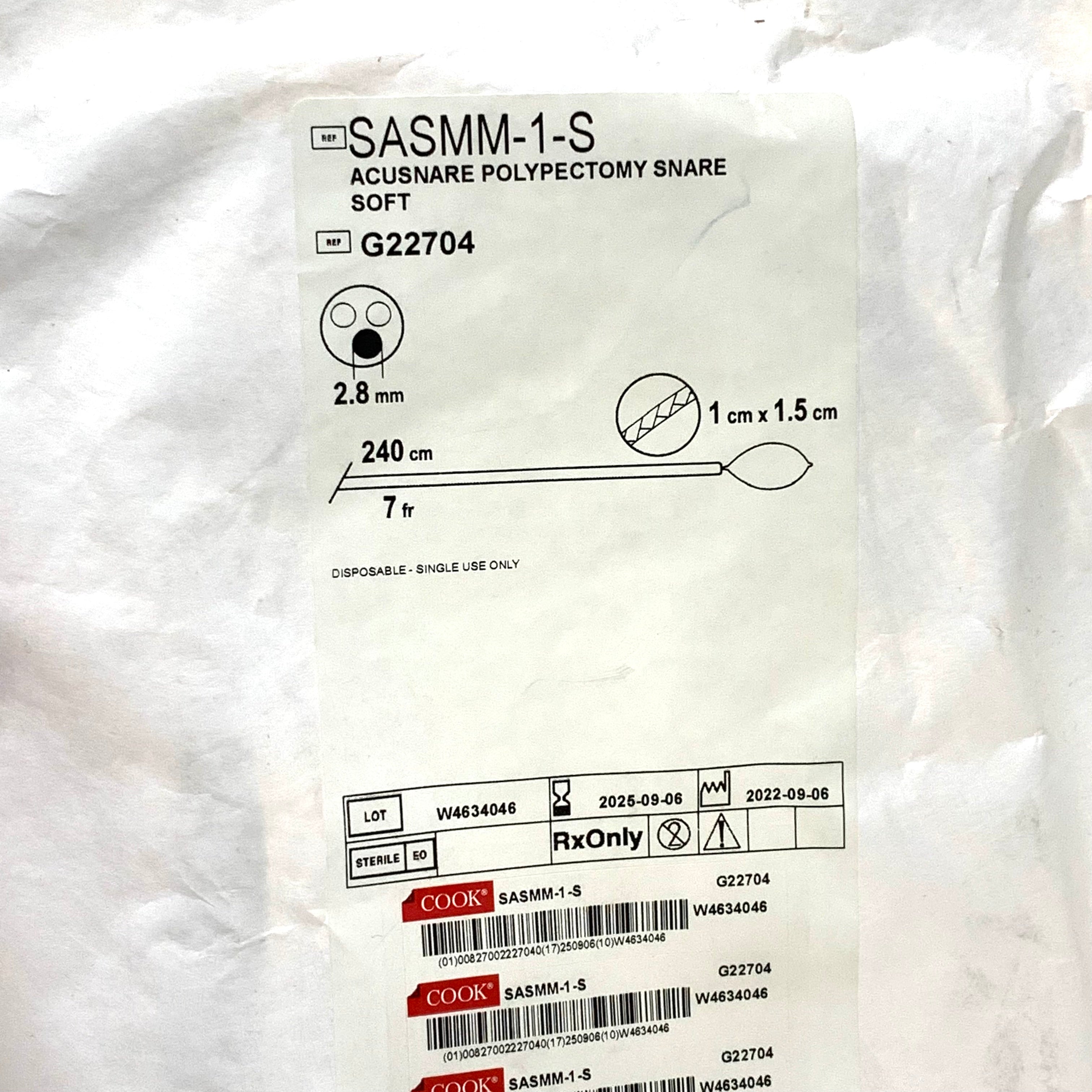 COOK MEDICAL REF SASMM-1-S / G22704 Acusnare Polypectomy Snare Soft 2.8mm 240cm Exp.2025/09