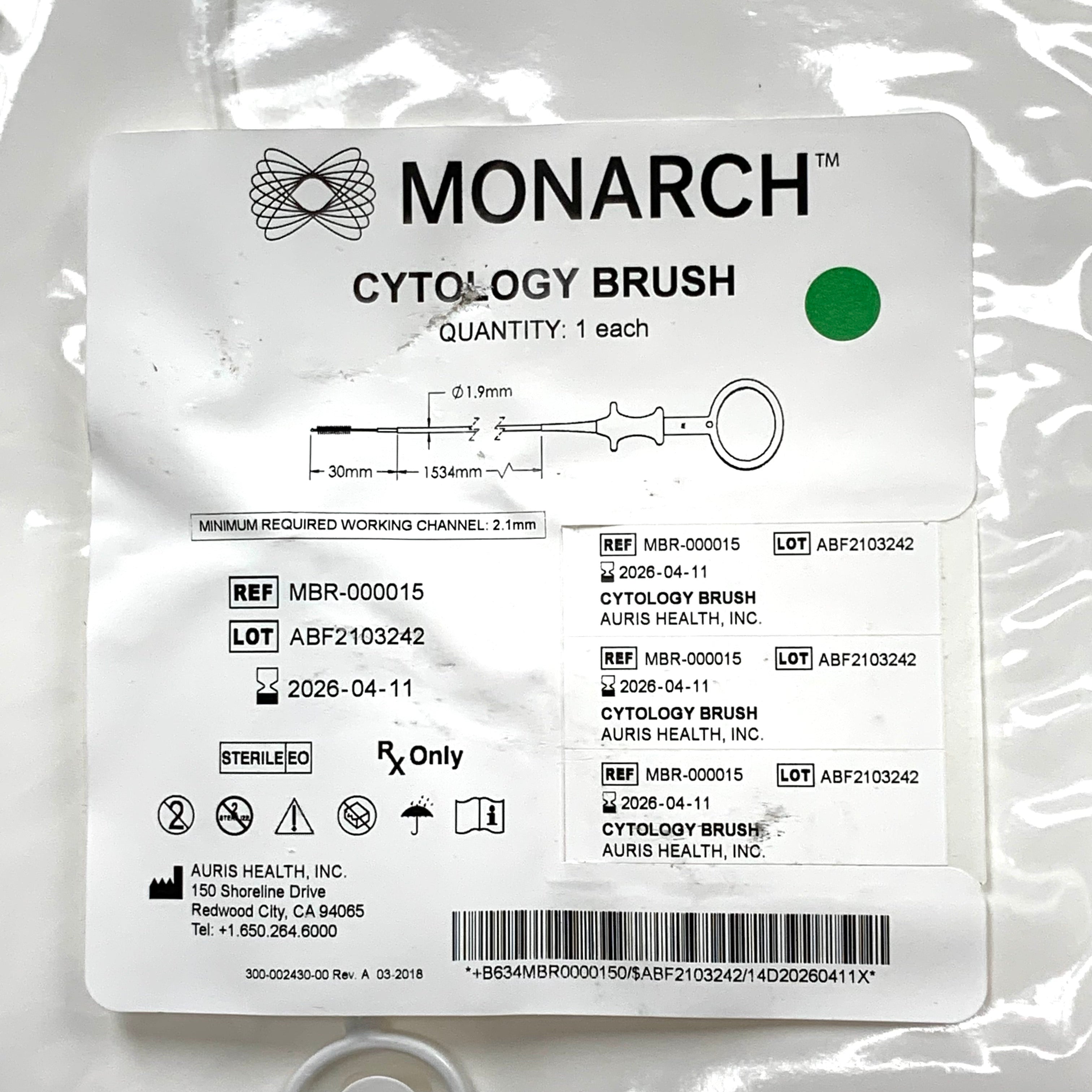 AURIS HEALTH Monarch MBR-000015 Endoscopy Cytology Brush 1.9mm x 30mm x 1534mm Exp.2026/04