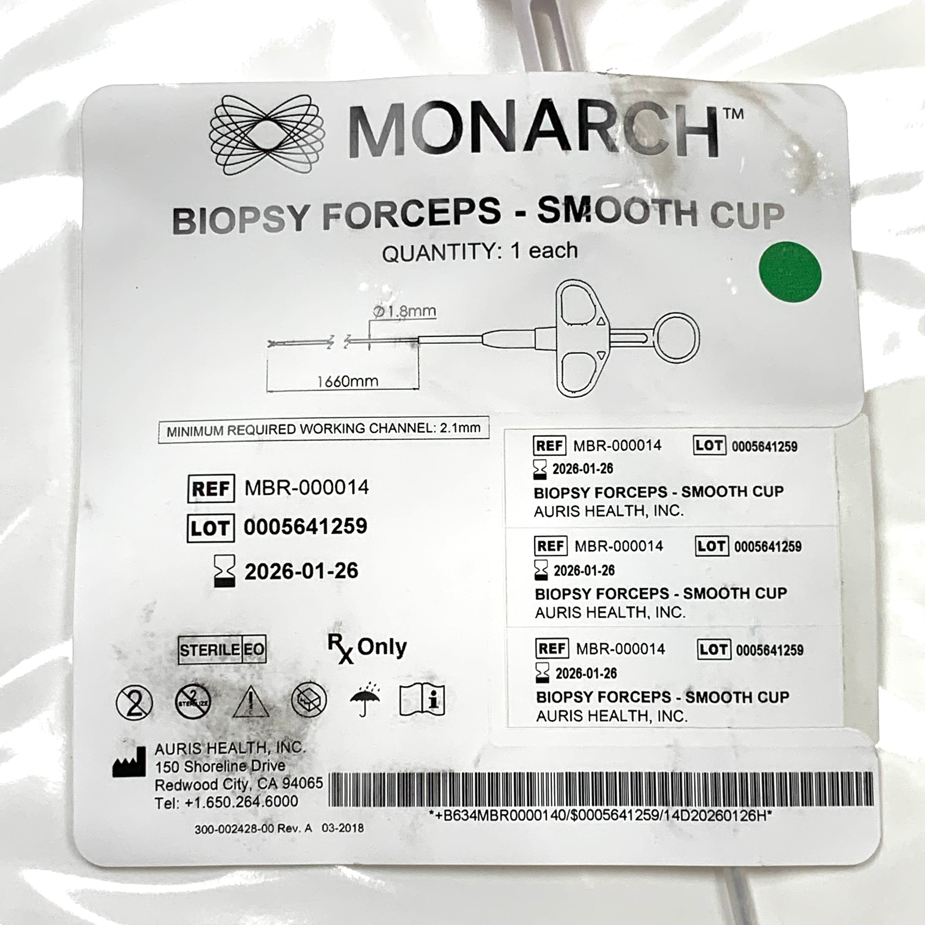 AURIS HEALTH REF MBR-000014 Monarch Biopsy Forceps - Smooth Cup, 1.8mm x 1660mm, Min Working Channel 2.1mm Exp.2026/01