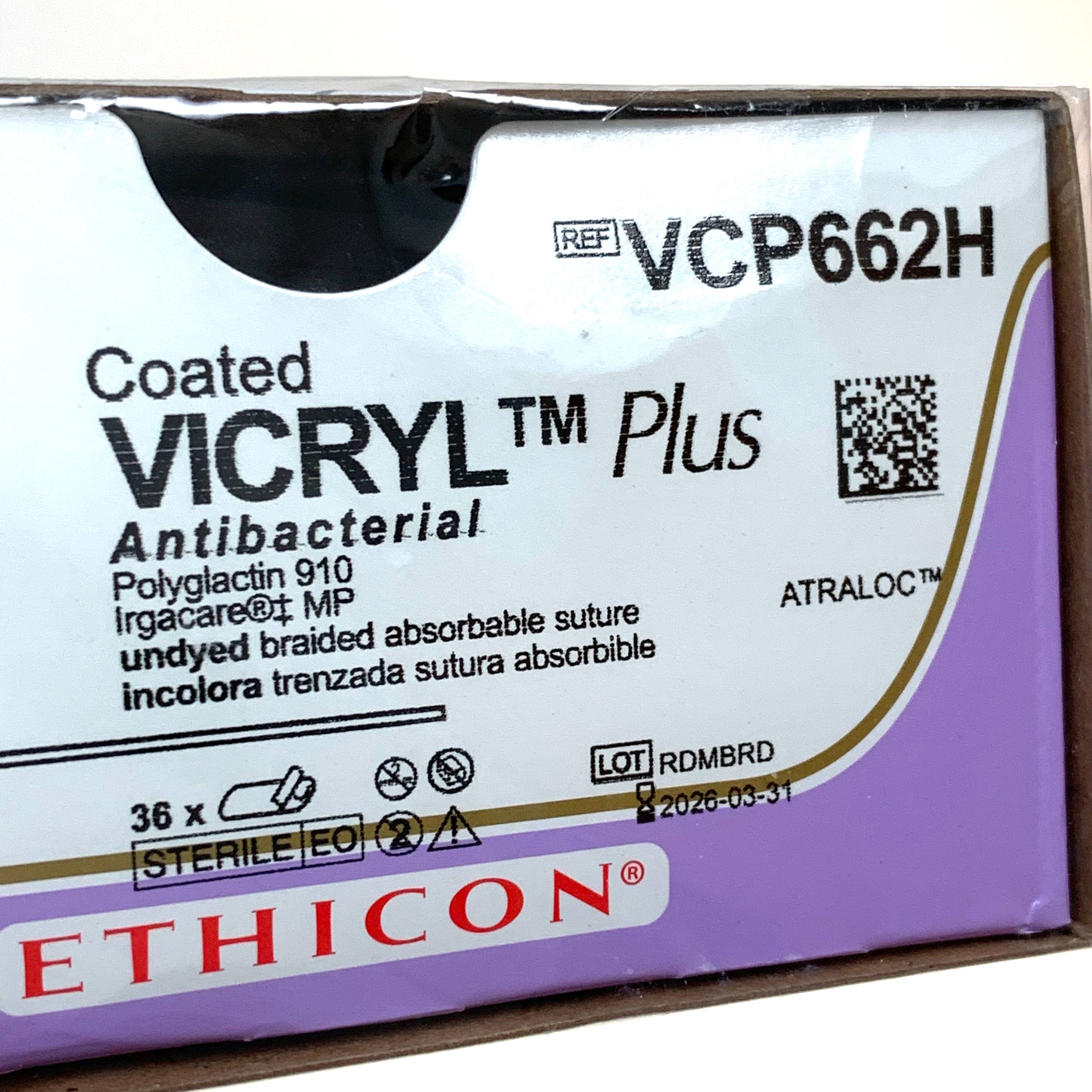 ETHICON REF VCP662H Coated Vicryl Plus Antibacterial 4-0 Suture, KS Needle, 27" (70cm) - Box of 36 Exp.2026/03
