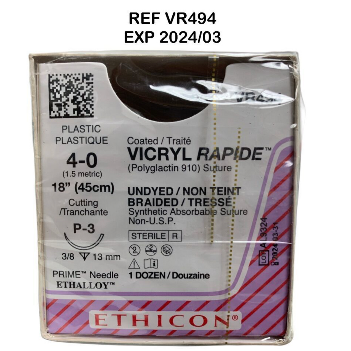ETHICON VR494 Coated / Traité VICRYL RAPIDE (Polyglactin 910) Suture 4-0 (1.5 metric) 18" (45cm) EXP 2024 03
