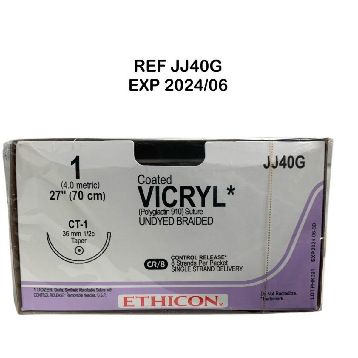 ETHICON JJ40G Coated VICRYL (Polyglactin 910) Suture UNDYED BRAIDED 1 (4.0 metric) 27" (70 cm) Coated VICRY (Polyglactin 910)EXP 2024 06