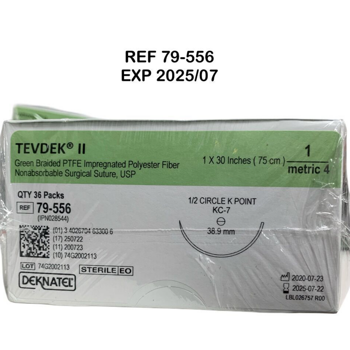 TELEFLEX 79-556 TEVDEK Green Braided PTFE Impregnated Polyester Fiber Nonabsorbable Surgical Suture 1 X 30 Inches (75 cm) EXP 2025 07