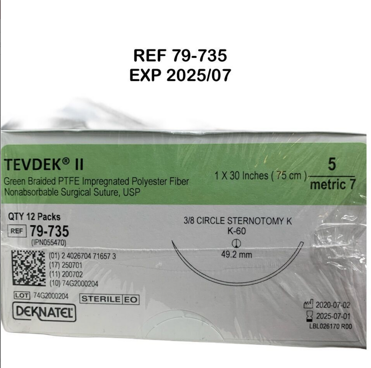TELEFLEX 79-735 TEVDEK II Green Braided PTFE Impregnated Polyester Fiber Nonabsorbable Surgical Suture USP EXP 2025 07