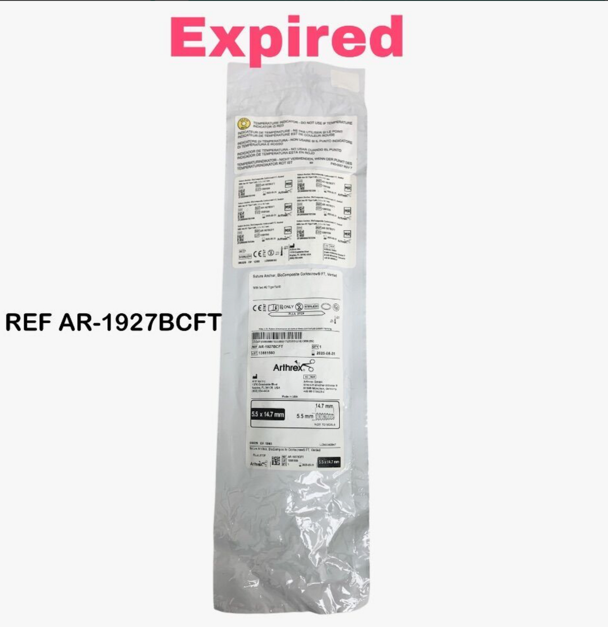 ARTHREX AR-1927BCFT Suture Anchor BioComposite CorKscrew FT Vented With two #2 TigerTail 5.5 x 14.7 mm EXP 2025 05