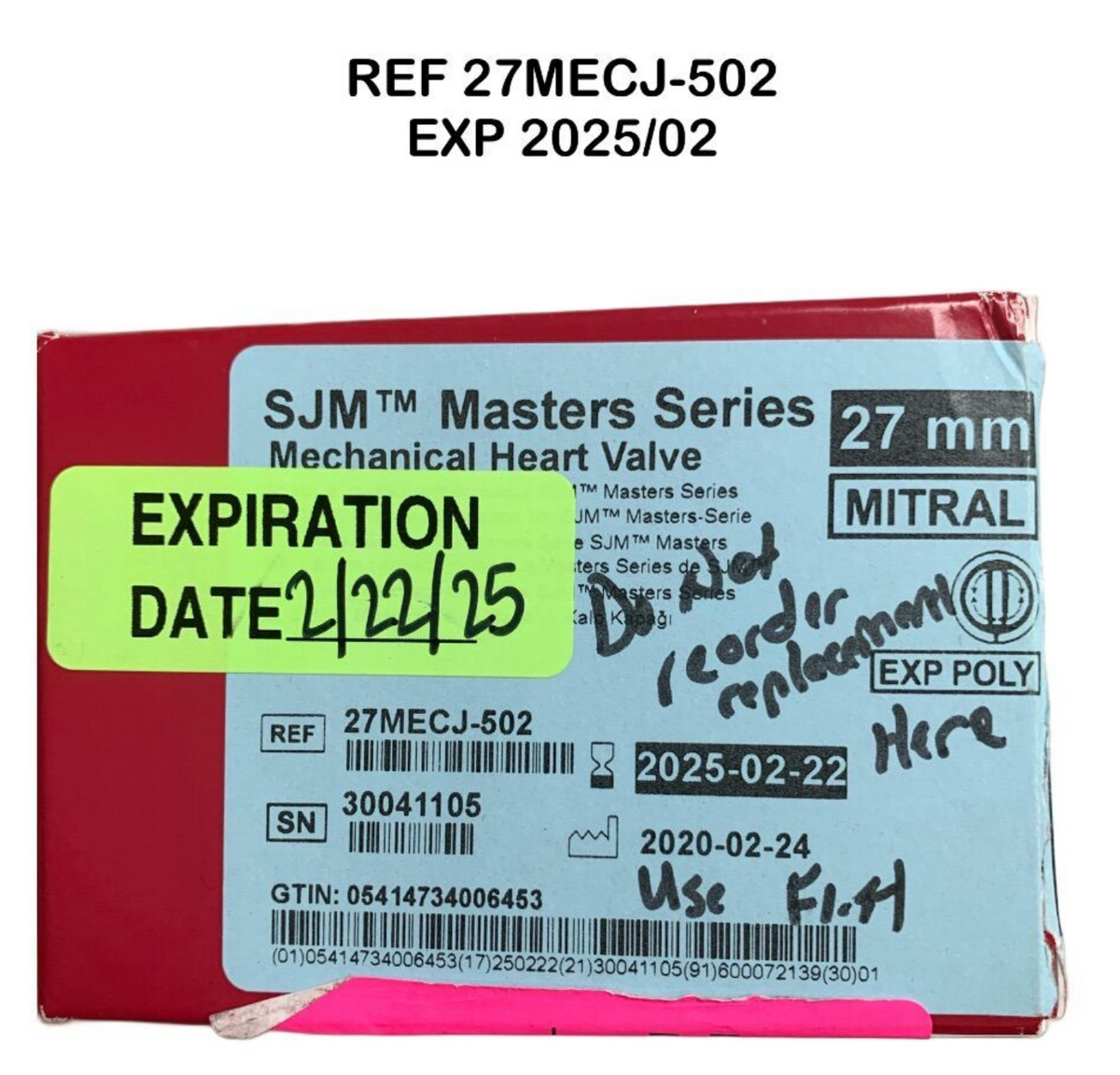 ST JUDE 27MECJ-502 SJMM Masters Series Mechanical Heart Valve 27mm Mitral EXP 2025 02