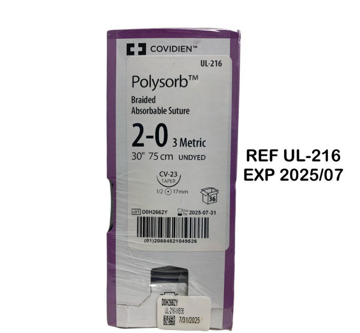 COVIDIEN UL-216 Polysorb Braided Absorbable Suture 2-0 3 Metric 30" 75 cm UNDYED EXP 2025 07