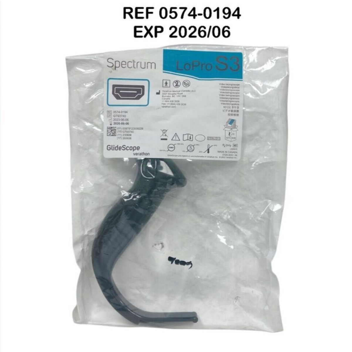 VERATHON REF 0574-0194 Spectrum Video Laryngoscope LoPro S3 Blade EXP 2026 06