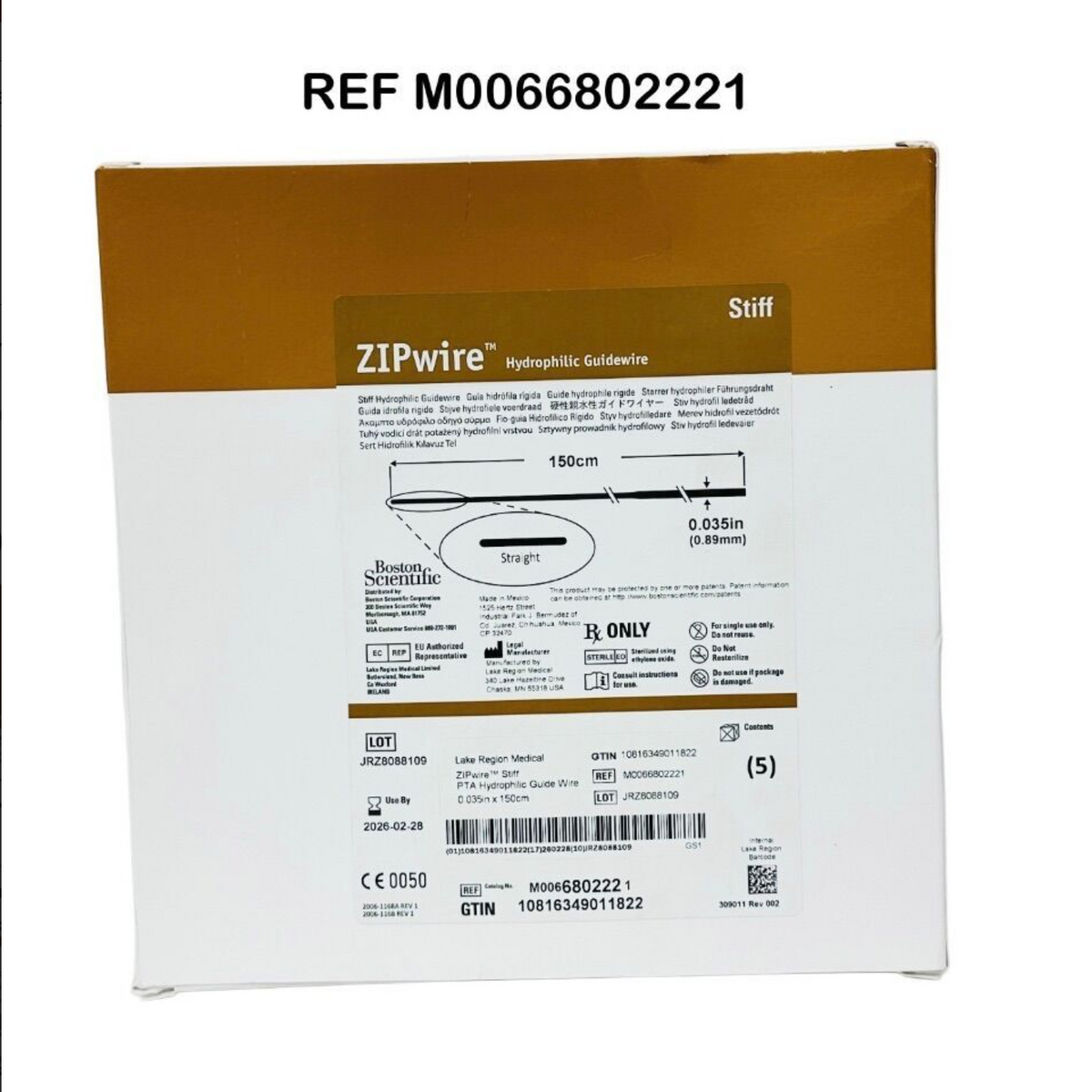 BOSTON SCIENTIFIC M0066802221 ZipWire Hydrophilic Guidewire 0.035″×150 cm (Stiff Shaft Straight Tip)EXP 2026 02 (BOX OF 5)