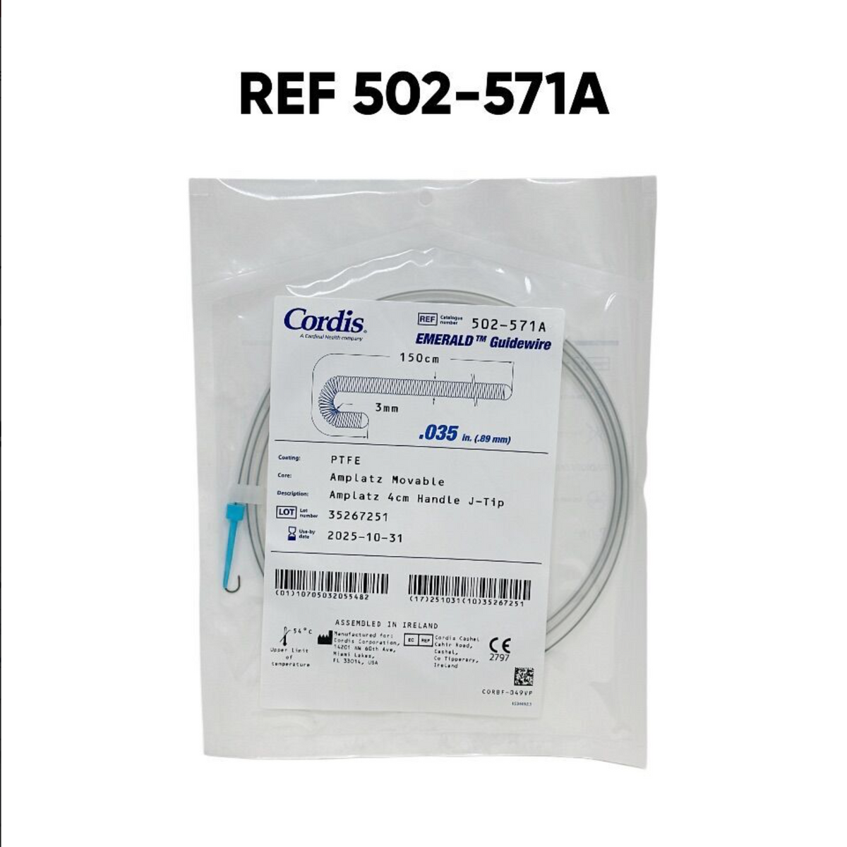 CORDIS 502-571A EMERALD Guidewire .035IN x 150CM J-Tip PTFE EXP 2025 10