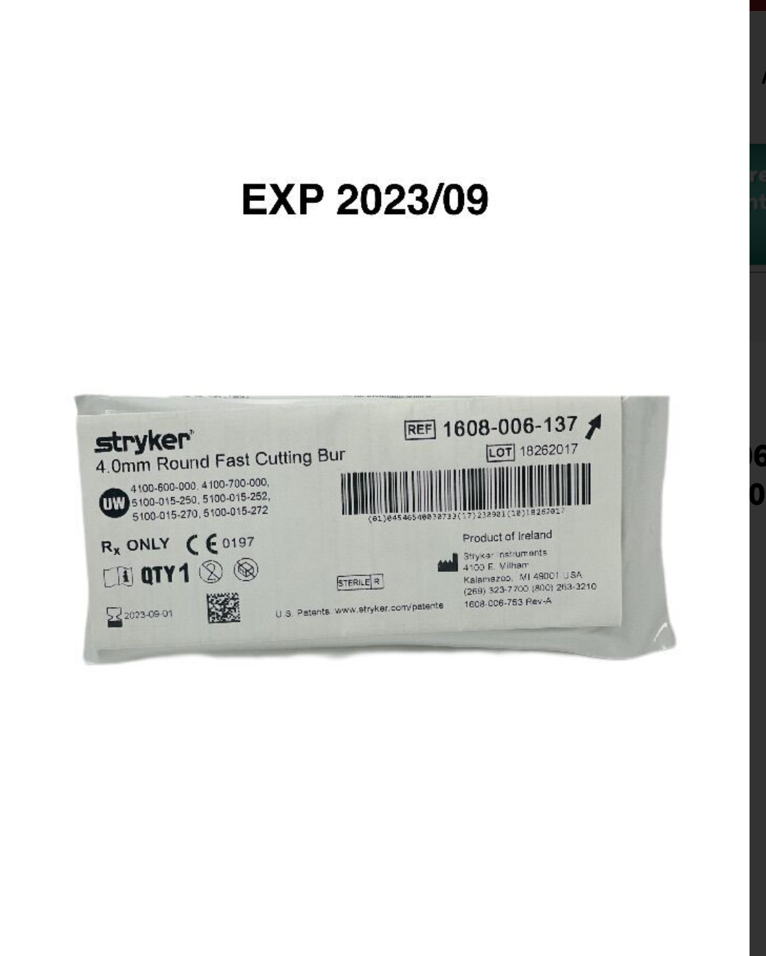 STRYKER 1608-006-137 ROUND FAST CUTTING BUR: 4.0MM  EXP 2023 09
